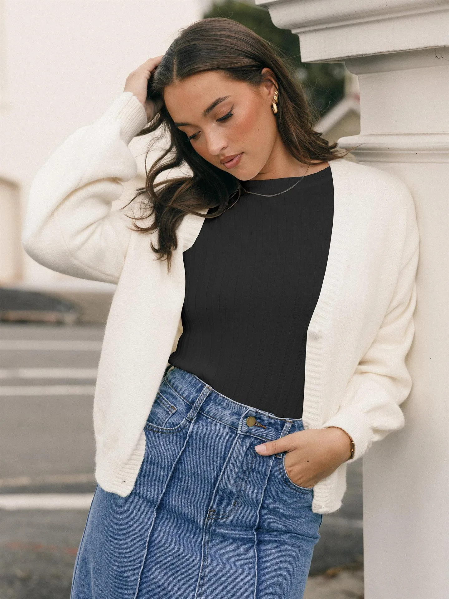 Europe And The United States  New Round Neck Knitted Thread Slim Solid Color Simple Commuter Wind Long Sleeve Top T-shirt display picture 22