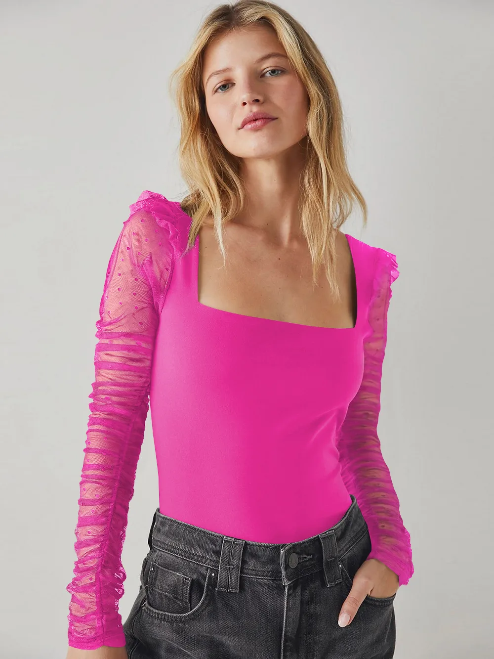 New Lace Stitching Summer Women's Summer Women's  Square Collar Shoulder T-shirt Hollow Spice Girl Top display picture 28