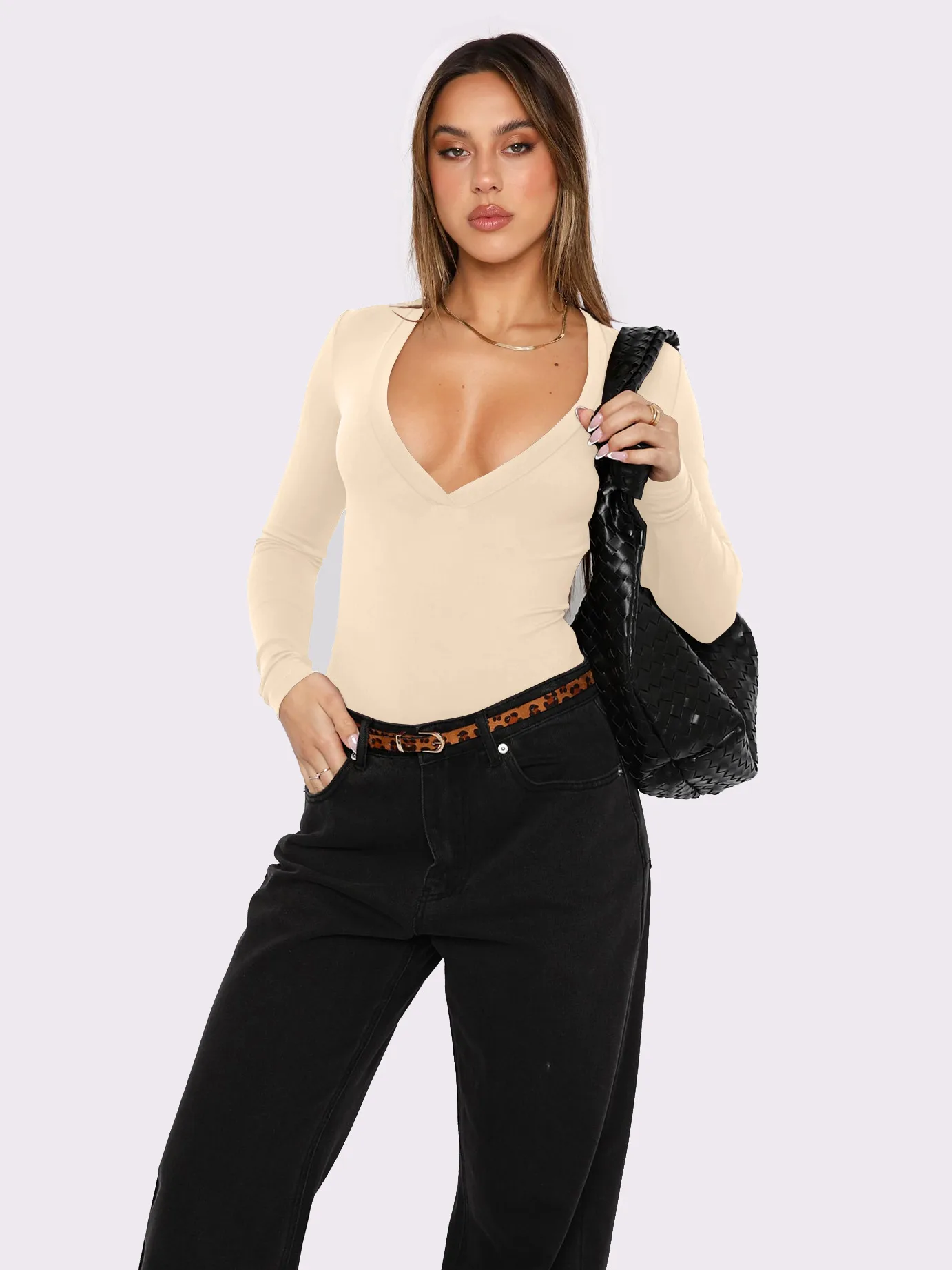 Foreign Trade  Hot Girl Y2K Explosions Women's Wear Deep V-neck Solid Color All-match Slim-fit Top With Long Sleeve Autumn And Winter Women display picture 22
