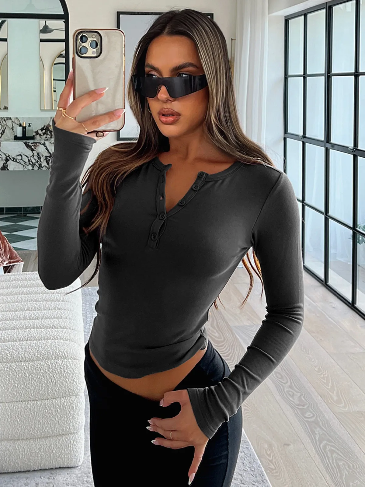 Autumn And Winter Y2K Solid Color Slim All-match Button Collar Long Sleeve Short Hot Girl T-shirt  Style Fashion Inside display picture 16