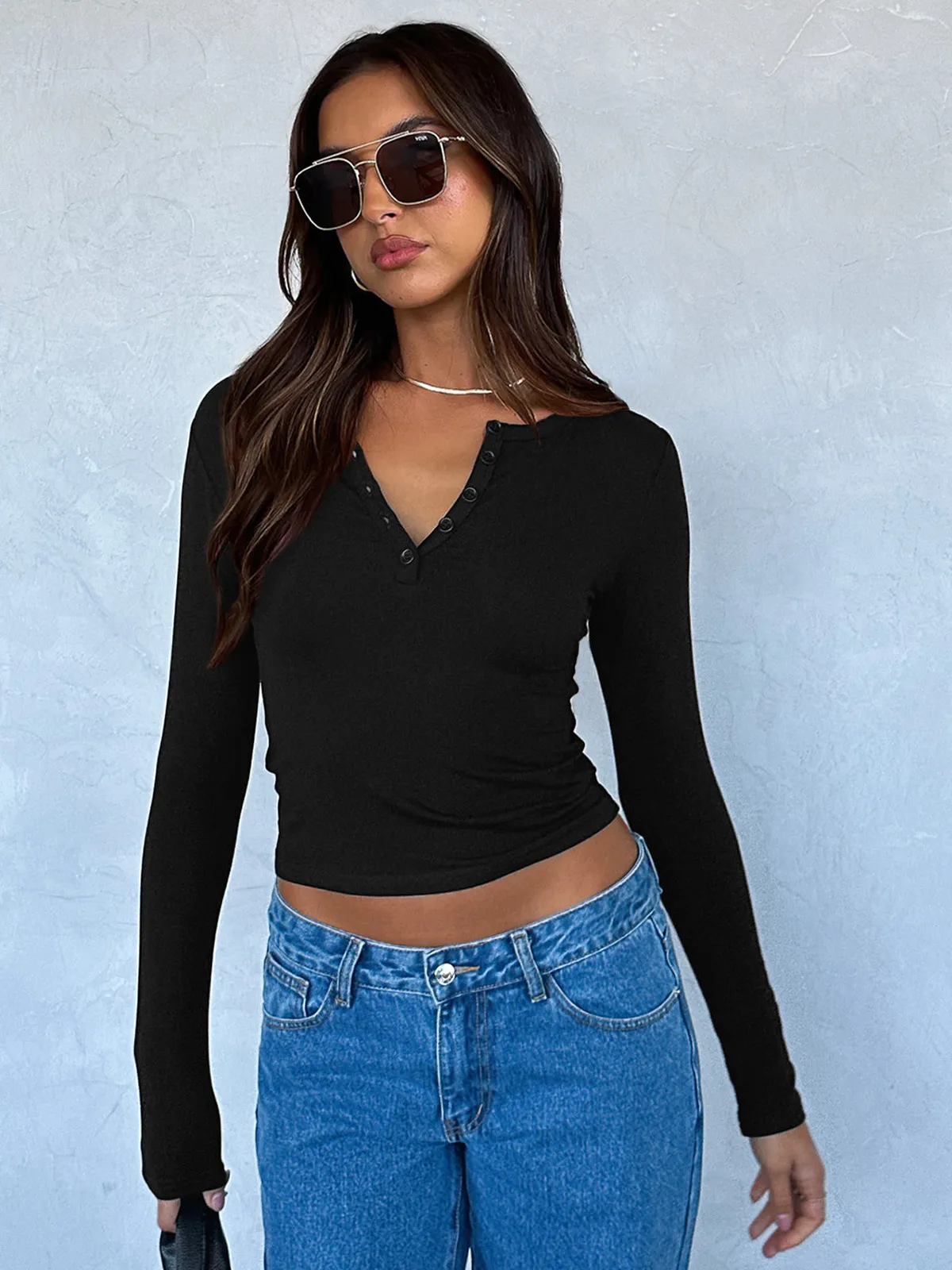 Autumn And Winter Y2K Solid Color Slim All-match Button Collar Long Sleeve Short Hot Girl T-shirt  Style Fashion Inside display picture 21