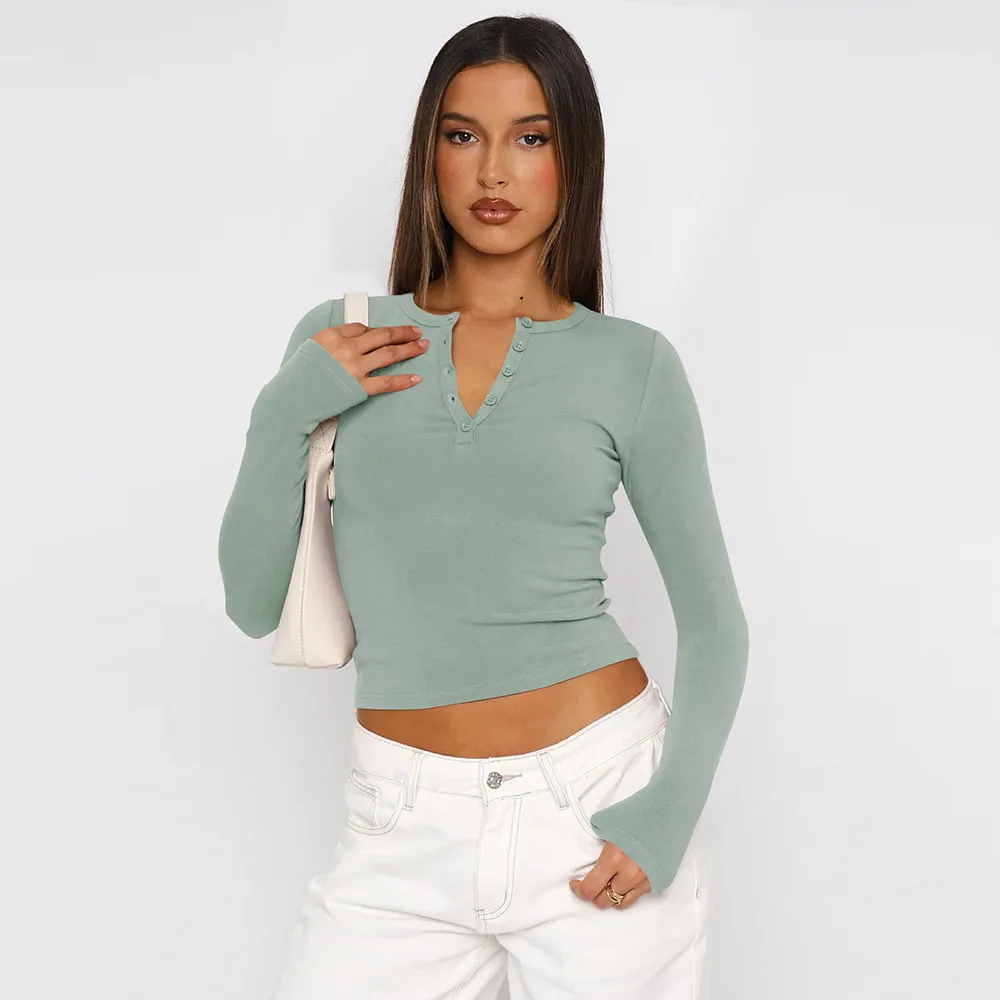 Autumn And Winter Y2K Solid Color Slim All-match Button Collar Long Sleeve Short Hot Girl T-shirt  Style Fashion Inside display picture 33