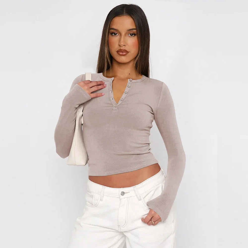 Autumn And Winter Y2K Solid Color Slim All-match Button Collar Long Sleeve Short Hot Girl T-shirt  Style Fashion Inside display picture 28