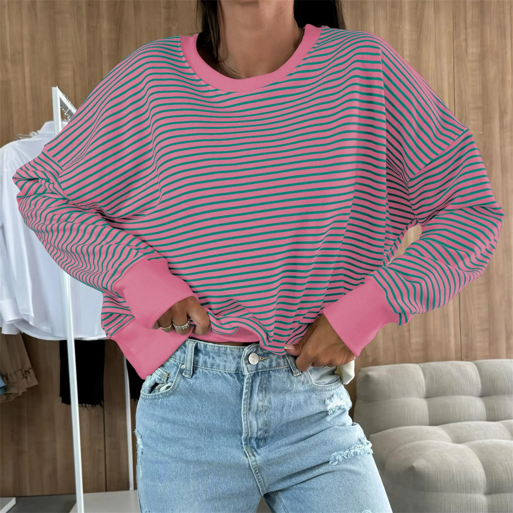 Designed Street Trendy Knitted Fashion  Best Selling Long Sleeve Round Neck Stripe Contrast Color Sweater American Top Women display picture 2
