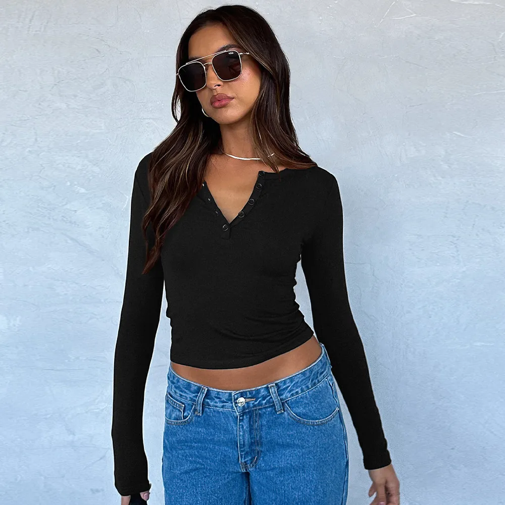 Autumn And Winter Y2K Solid Color Slim All-match Button Collar Long Sleeve Short Hot Girl T-shirt  Style Fashion Inside display picture 22