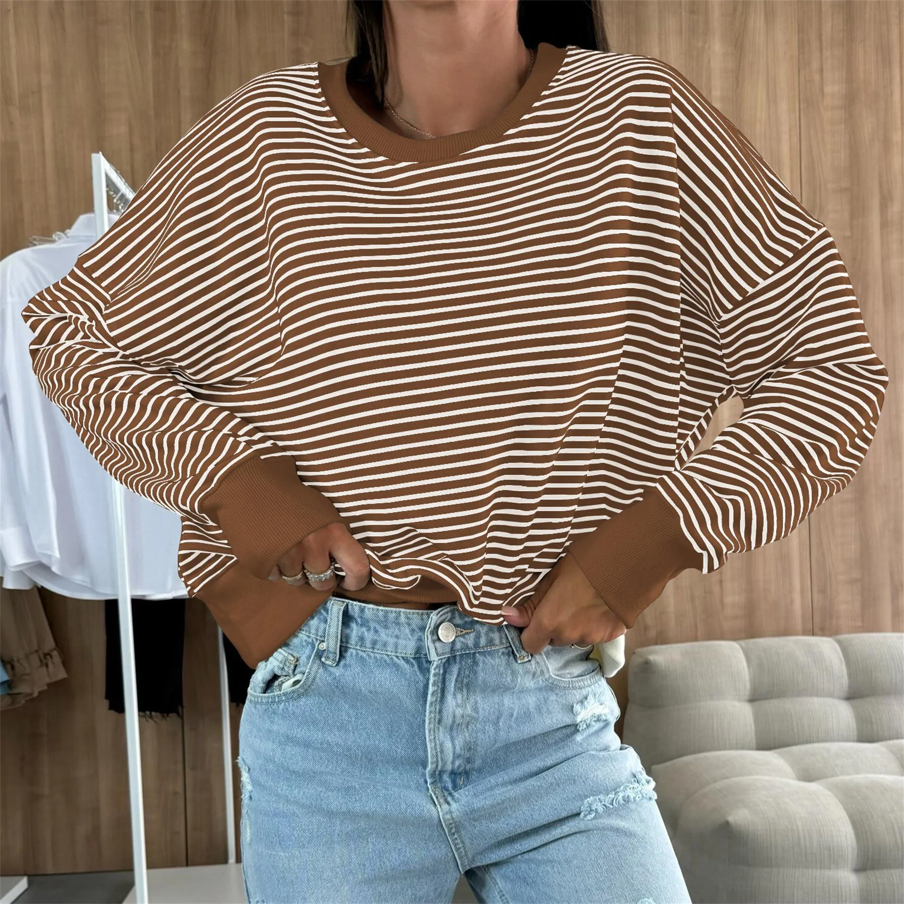 Designed Street Trendy Knitted Fashion  Best Selling Long Sleeve Round Neck Stripe Contrast Color Sweater American Top Women display picture 12