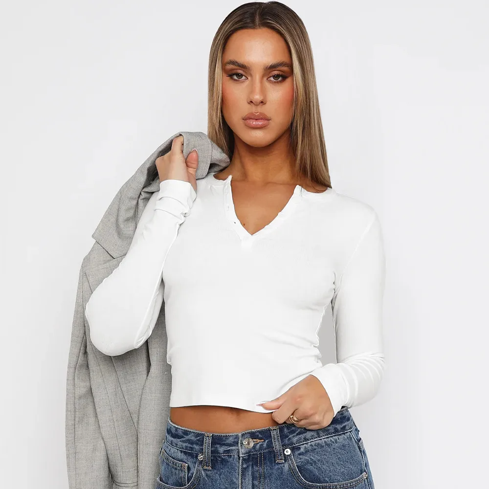 Autumn And Winter Y2K Solid Color Slim All-match Button Collar Long Sleeve Short Hot Girl T-shirt  Style Fashion Inside display picture 2