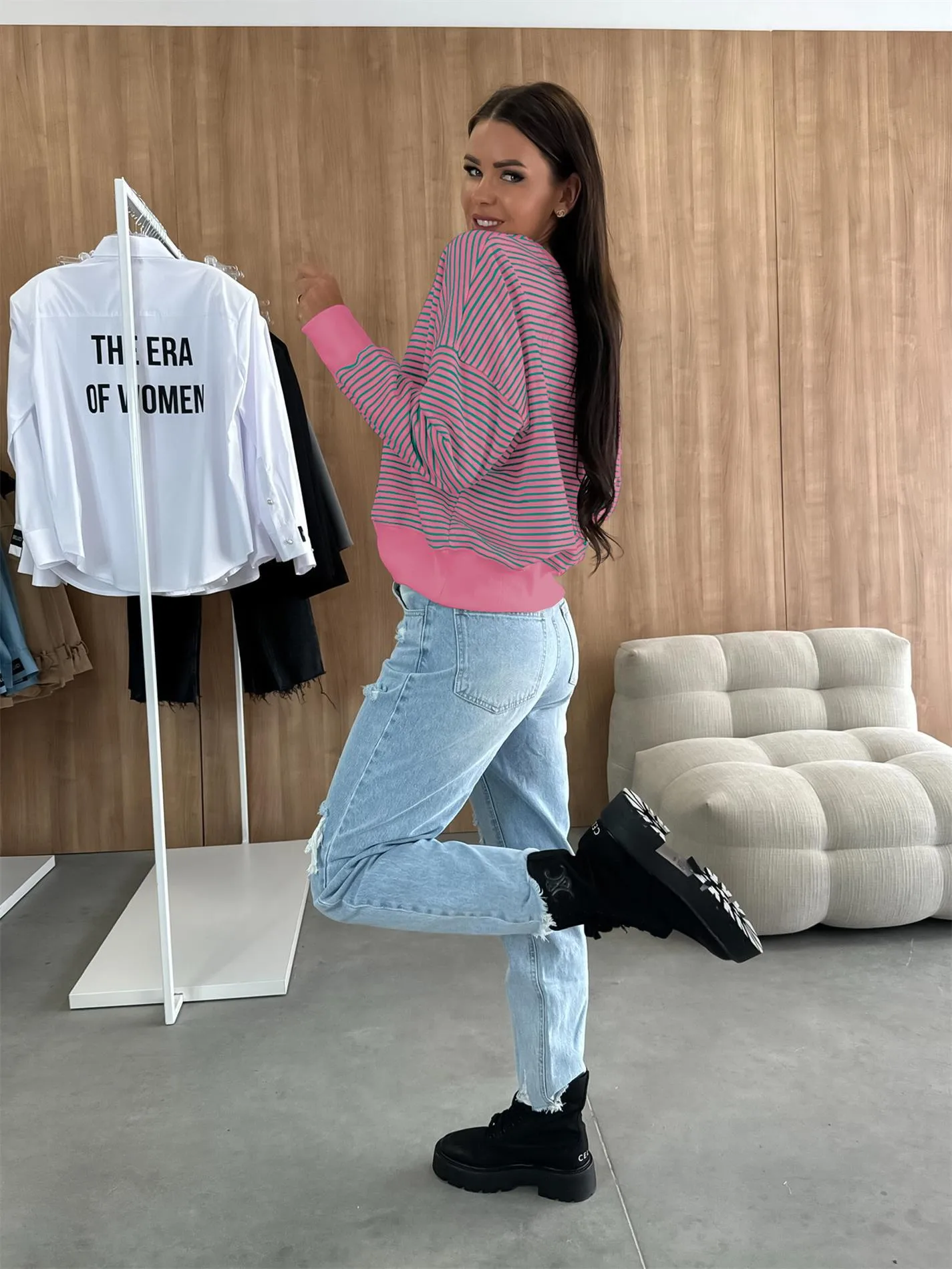 Designed Street Trendy Knitted Fashion  Best Selling Long Sleeve Round Neck Stripe Contrast Color Sweater American Top Women display picture 4