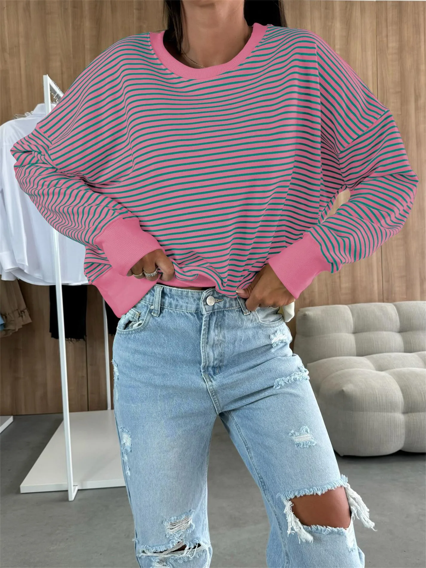 Designed Street Trendy Knitted Fashion  Best Selling Long Sleeve Round Neck Stripe Contrast Color Sweater American Top Women display picture 5