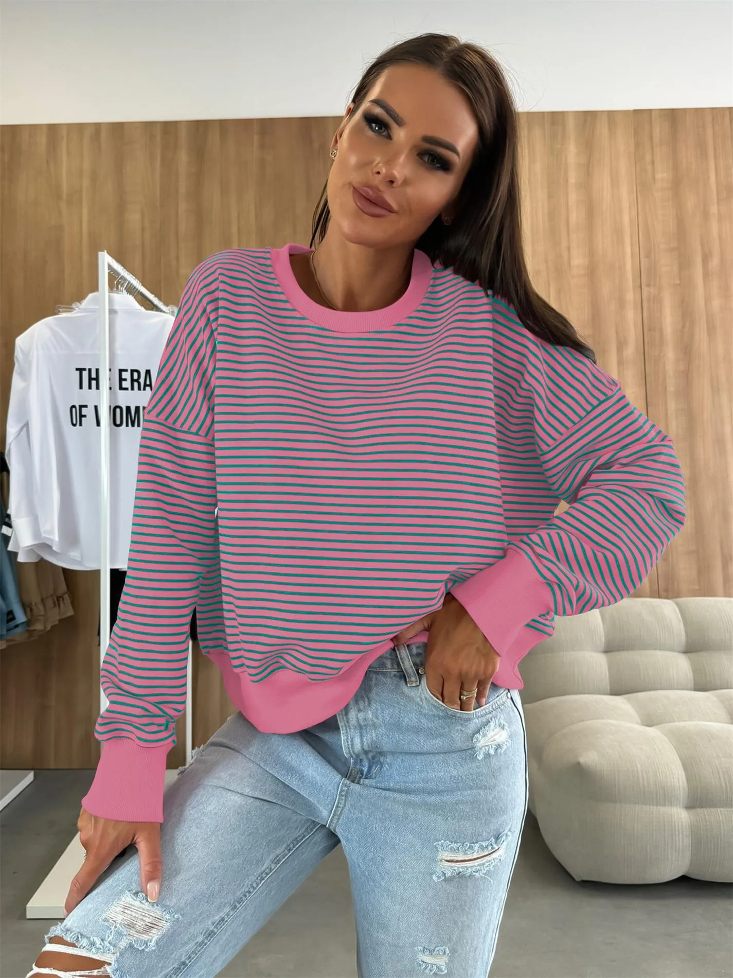 Designed Street Trendy Knitted Fashion  Best Selling Long Sleeve Round Neck Stripe Contrast Color Sweater American Top Women display picture 6