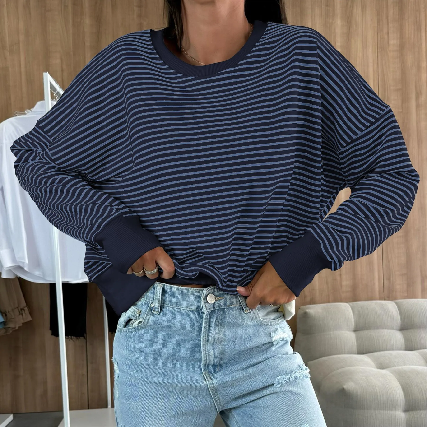 Designed Street Trendy Knitted Fashion  Best Selling Long Sleeve Round Neck Stripe Contrast Color Sweater American Top Women display picture 7
