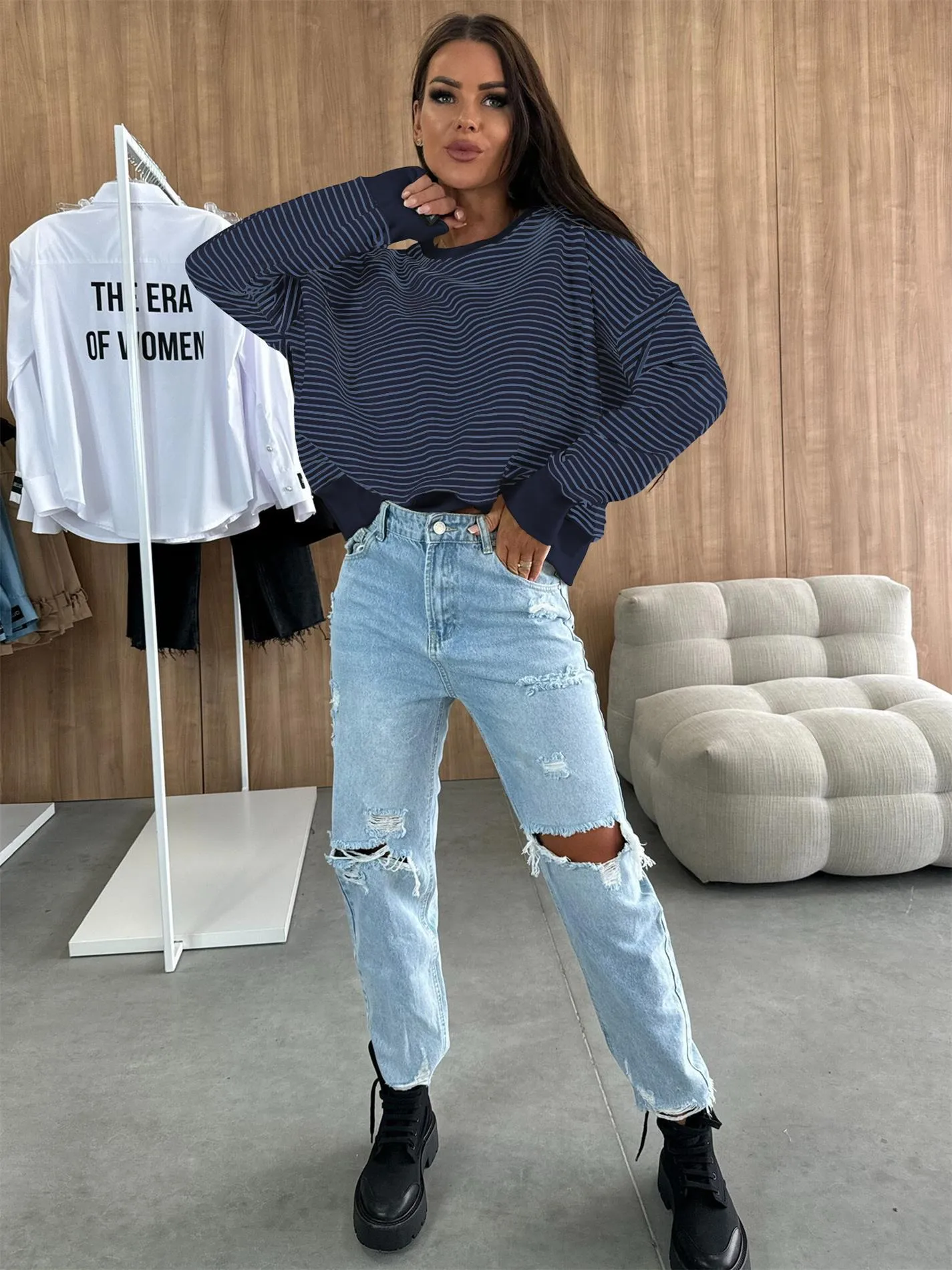 Designed Street Trendy Knitted Fashion  Best Selling Long Sleeve Round Neck Stripe Contrast Color Sweater American Top Women display picture 8