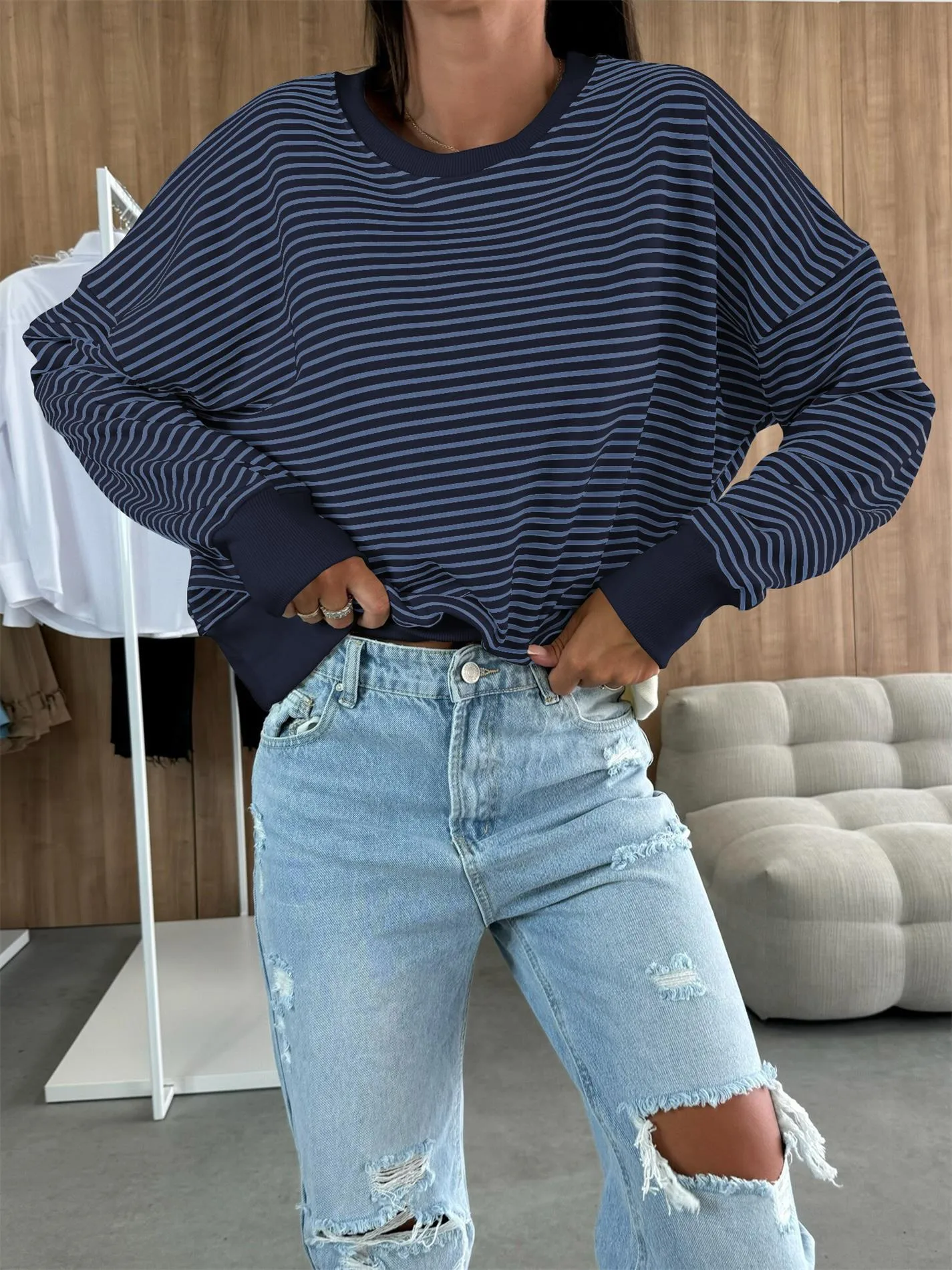 Designed Street Trendy Knitted Fashion  Best Selling Long Sleeve Round Neck Stripe Contrast Color Sweater American Top Women display picture 10