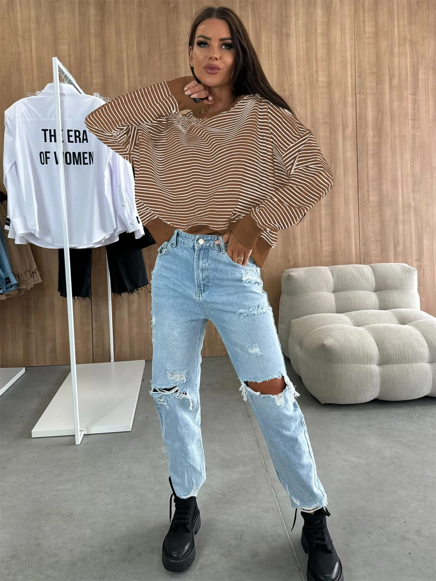 Designed Street Trendy Knitted Fashion  Best Selling Long Sleeve Round Neck Stripe Contrast Color Sweater American Top Women display picture 13