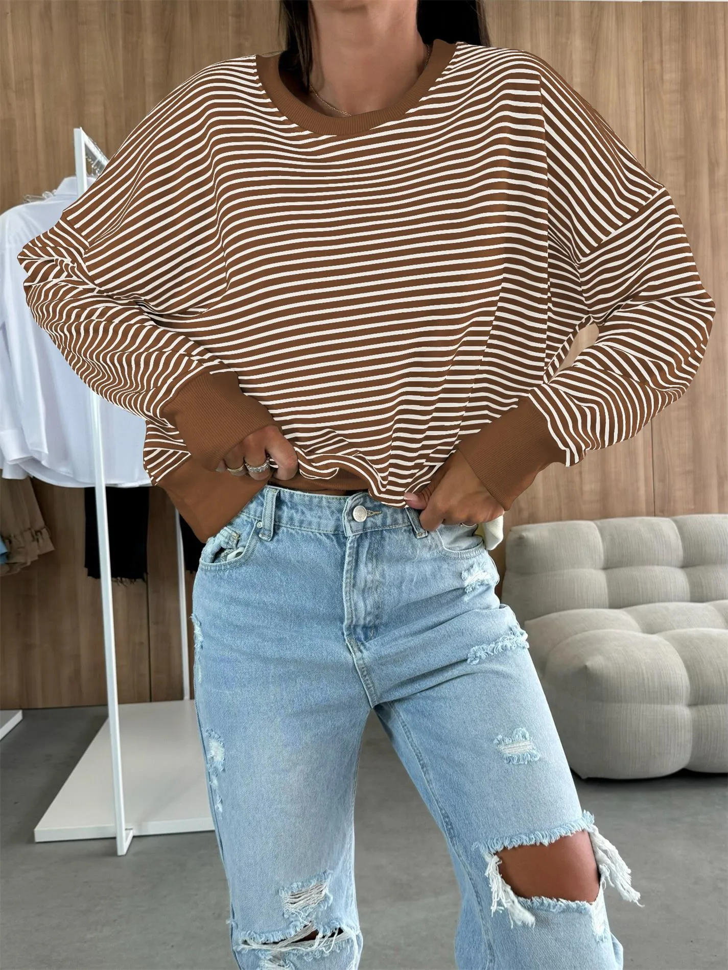 Designed Street Trendy Knitted Fashion  Best Selling Long Sleeve Round Neck Stripe Contrast Color Sweater American Top Women display picture 15