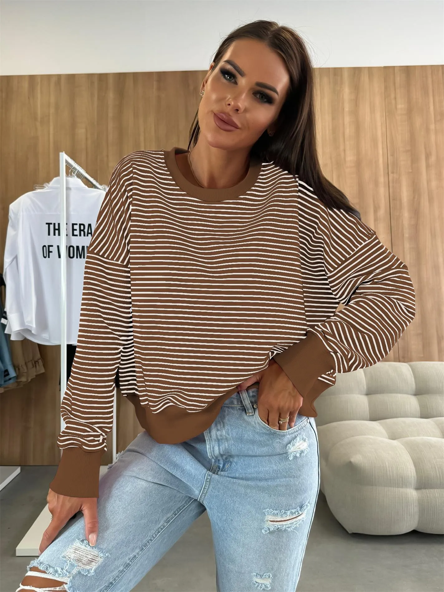 Designed Street Trendy Knitted Fashion  Best Selling Long Sleeve Round Neck Stripe Contrast Color Sweater American Top Women display picture 16