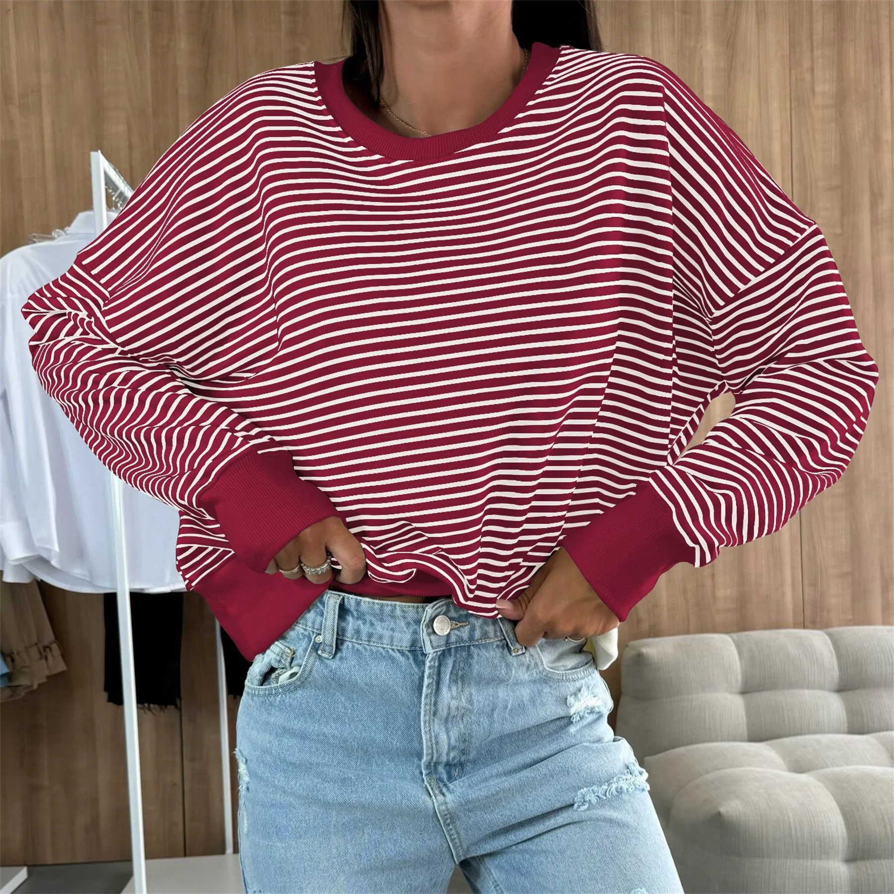 Designed Street Trendy Knitted Fashion  Best Selling Long Sleeve Round Neck Stripe Contrast Color Sweater American Top Women display picture 17