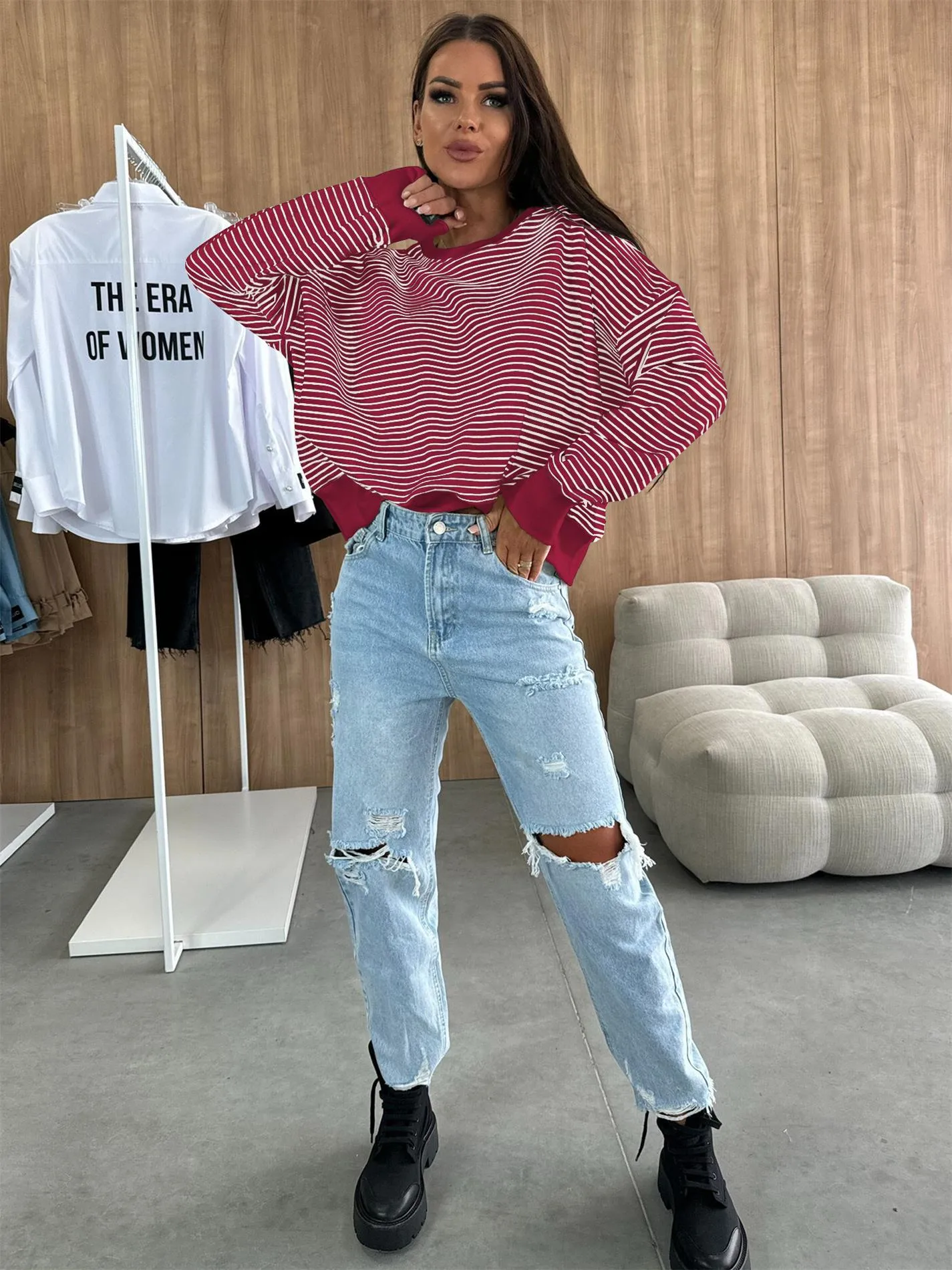 Designed Street Trendy Knitted Fashion  Best Selling Long Sleeve Round Neck Stripe Contrast Color Sweater American Top Women display picture 18