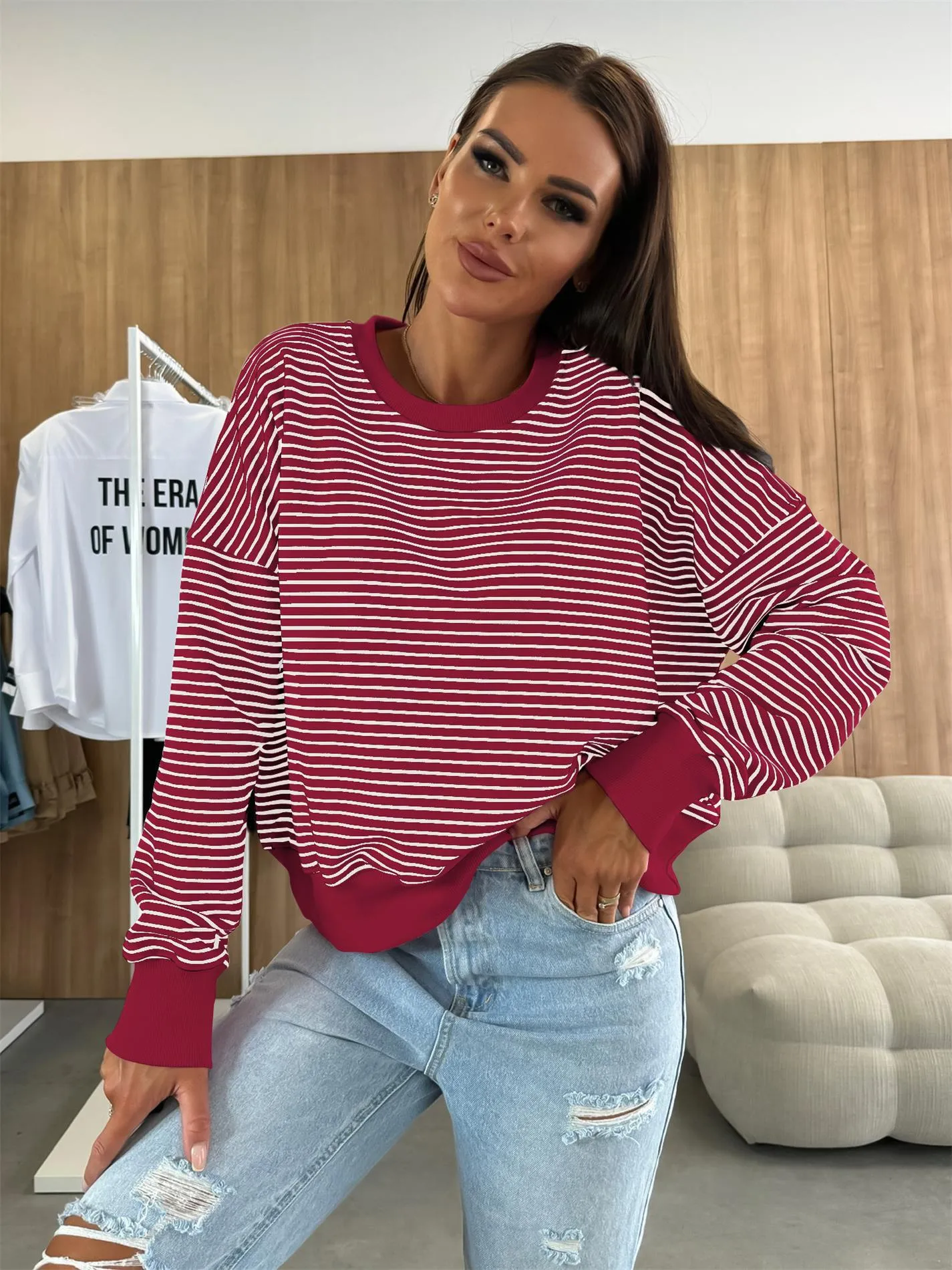 Designed Street Trendy Knitted Fashion  Best Selling Long Sleeve Round Neck Stripe Contrast Color Sweater American Top Women display picture 21