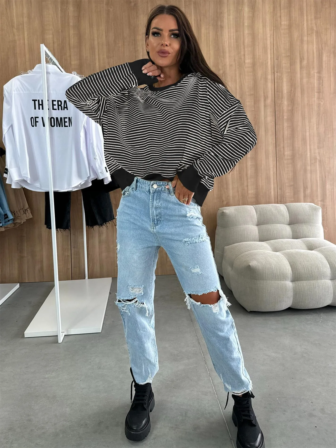 Designed Street Trendy Knitted Fashion  Best Selling Long Sleeve Round Neck Stripe Contrast Color Sweater American Top Women display picture 23