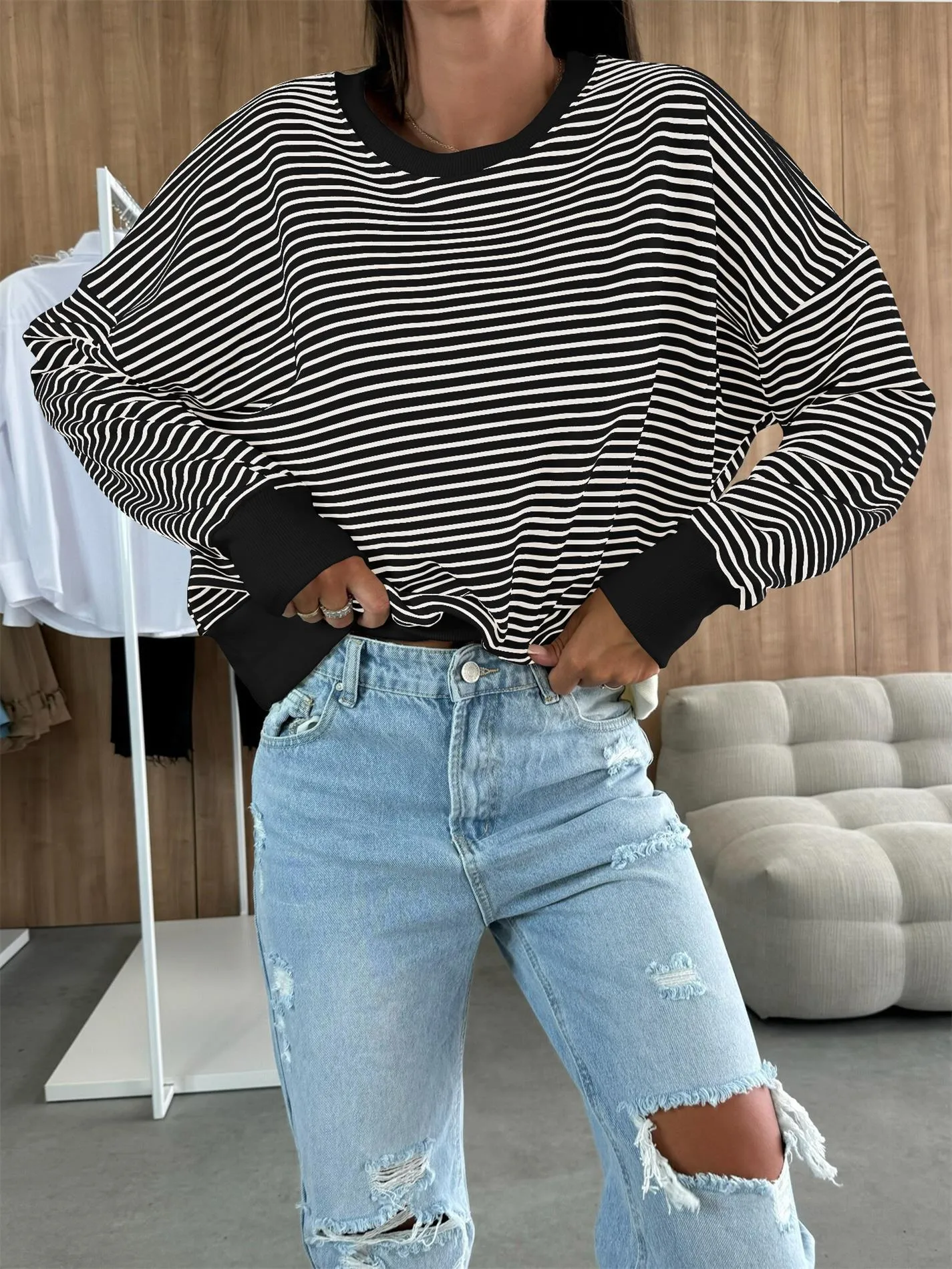 Designed Street Trendy Knitted Fashion  Best Selling Long Sleeve Round Neck Stripe Contrast Color Sweater American Top Women display picture 25