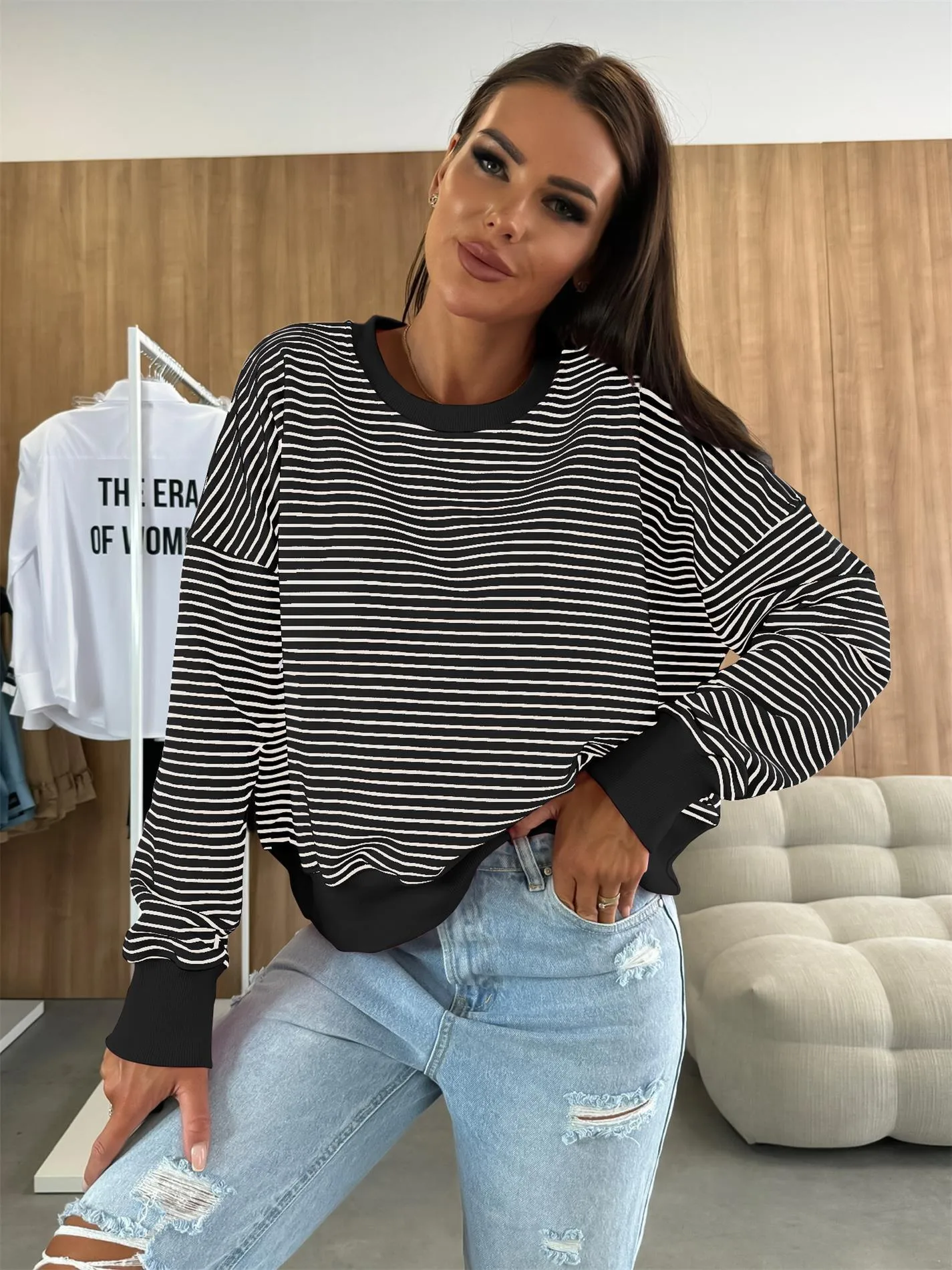 Designed Street Trendy Knitted Fashion  Best Selling Long Sleeve Round Neck Stripe Contrast Color Sweater American Top Women display picture 26