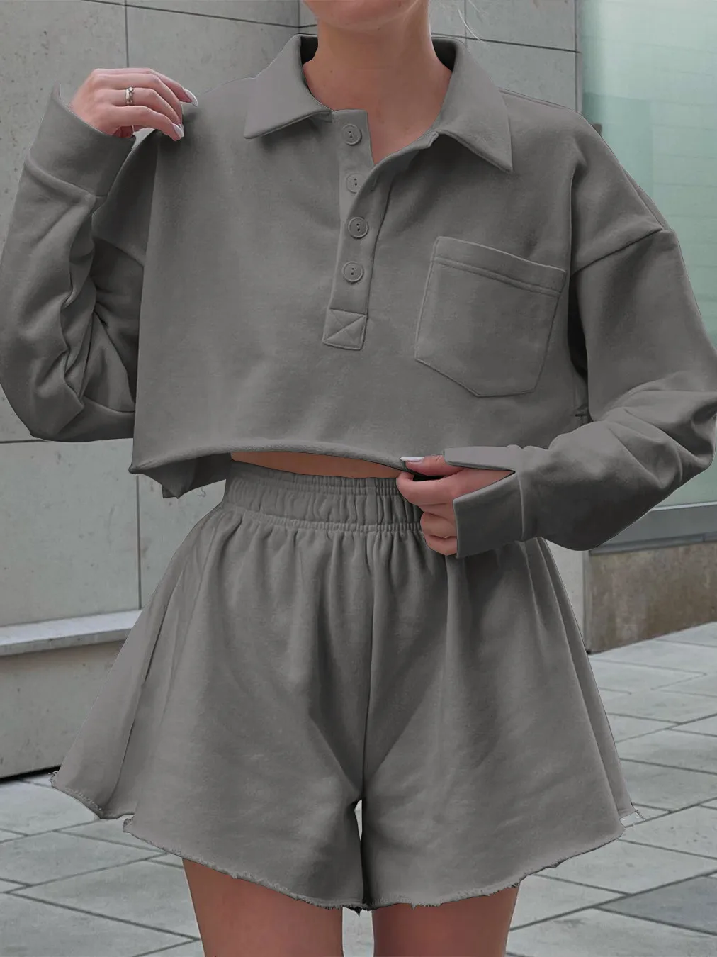 New  POLO Collar Button Pocket Casual Top With Loose Waist Shorts Suit Two-piece Set For Women display picture 7