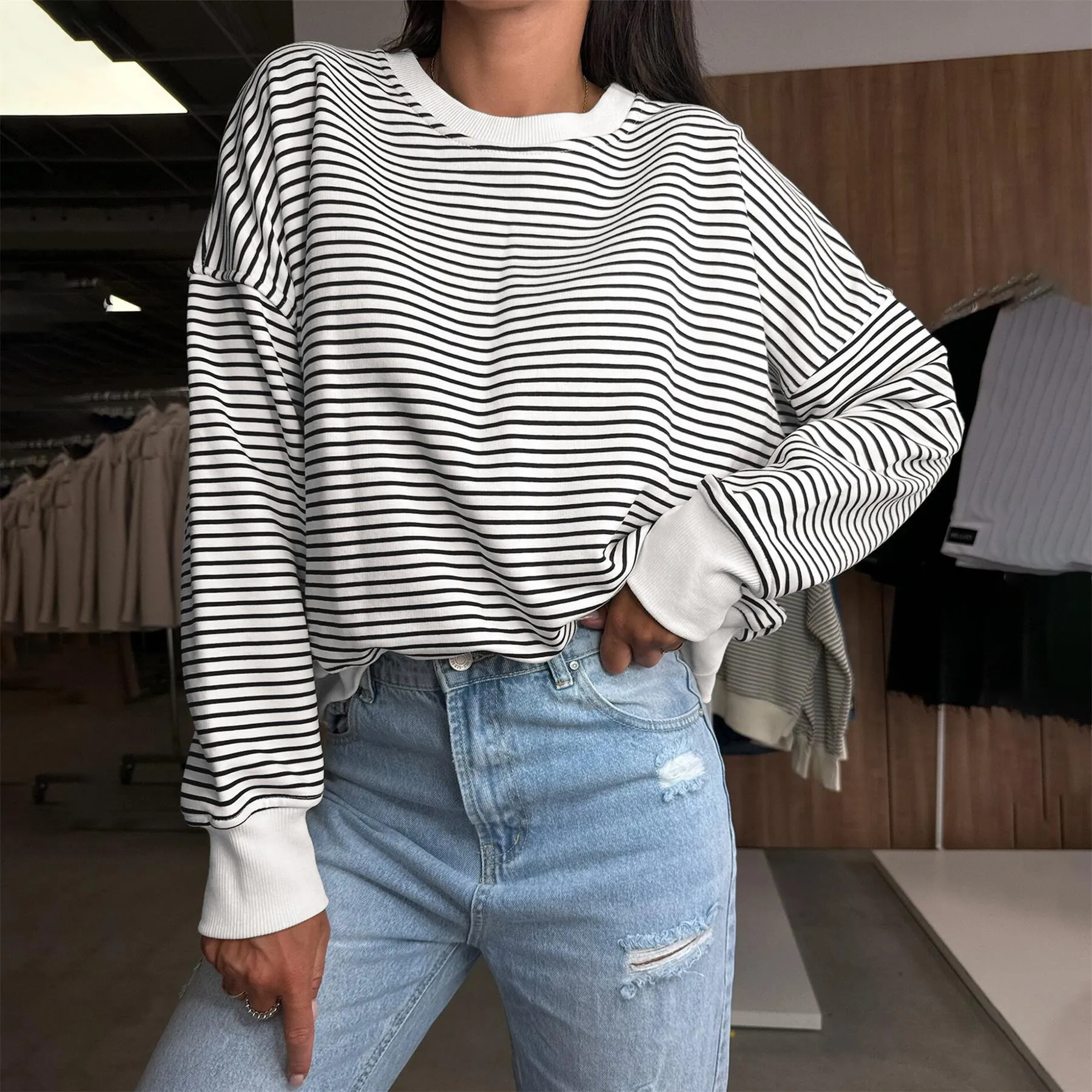 Designed Street Trendy Knitted Fashion  Best Selling Long Sleeve Round Neck Stripe Contrast Color Sweater American Top Women display picture 27