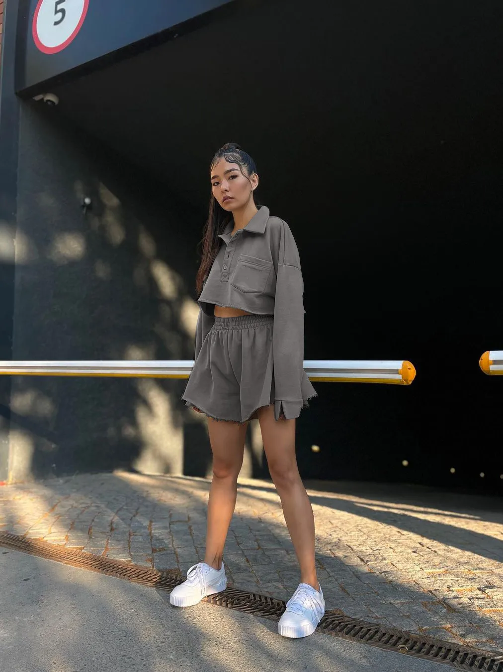 New  POLO Collar Button Pocket Casual Top With Loose Waist Shorts Suit Two-piece Set For Women display picture 8
