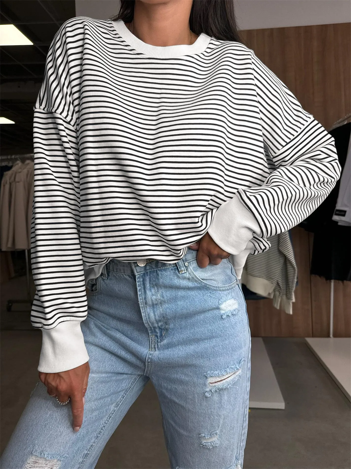 Designed Street Trendy Knitted Fashion  Best Selling Long Sleeve Round Neck Stripe Contrast Color Sweater American Top Women display picture 28