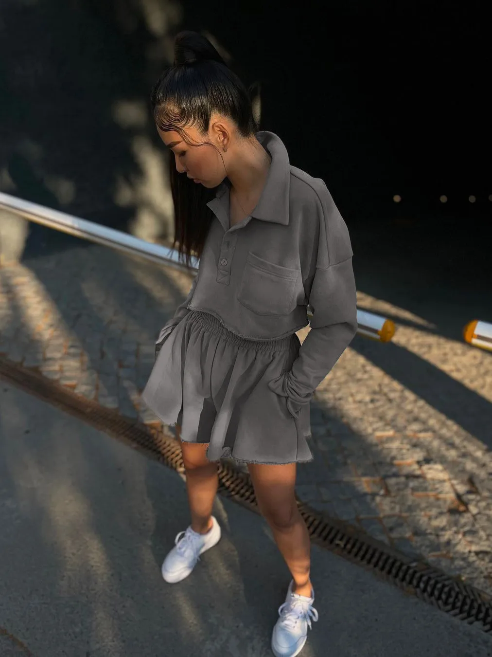 New  POLO Collar Button Pocket Casual Top With Loose Waist Shorts Suit Two-piece Set For Women display picture 9