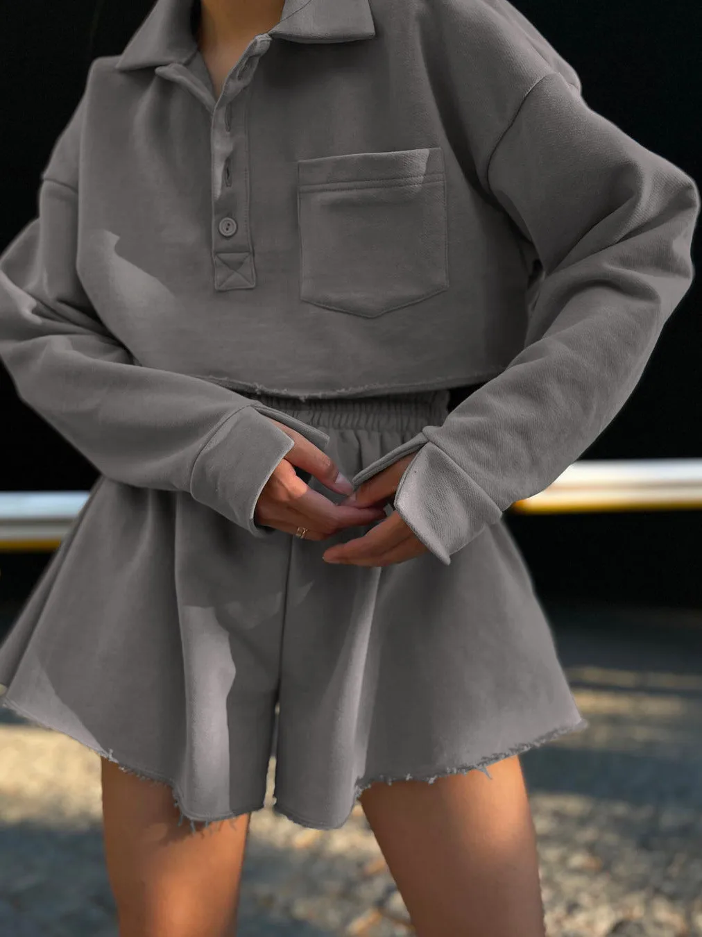 New  POLO Collar Button Pocket Casual Top With Loose Waist Shorts Suit Two-piece Set For Women display picture 10