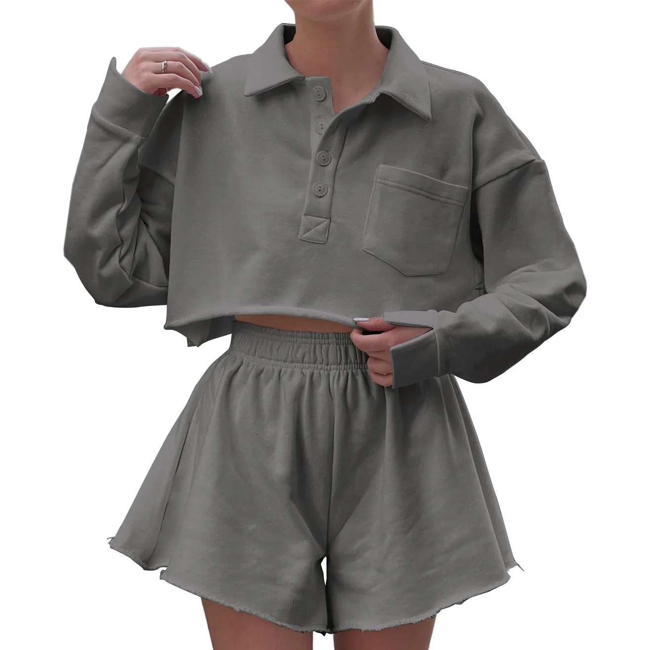 New  POLO Collar Button Pocket Casual Top With Loose Waist Shorts Suit Two-piece Set For Women display picture 11