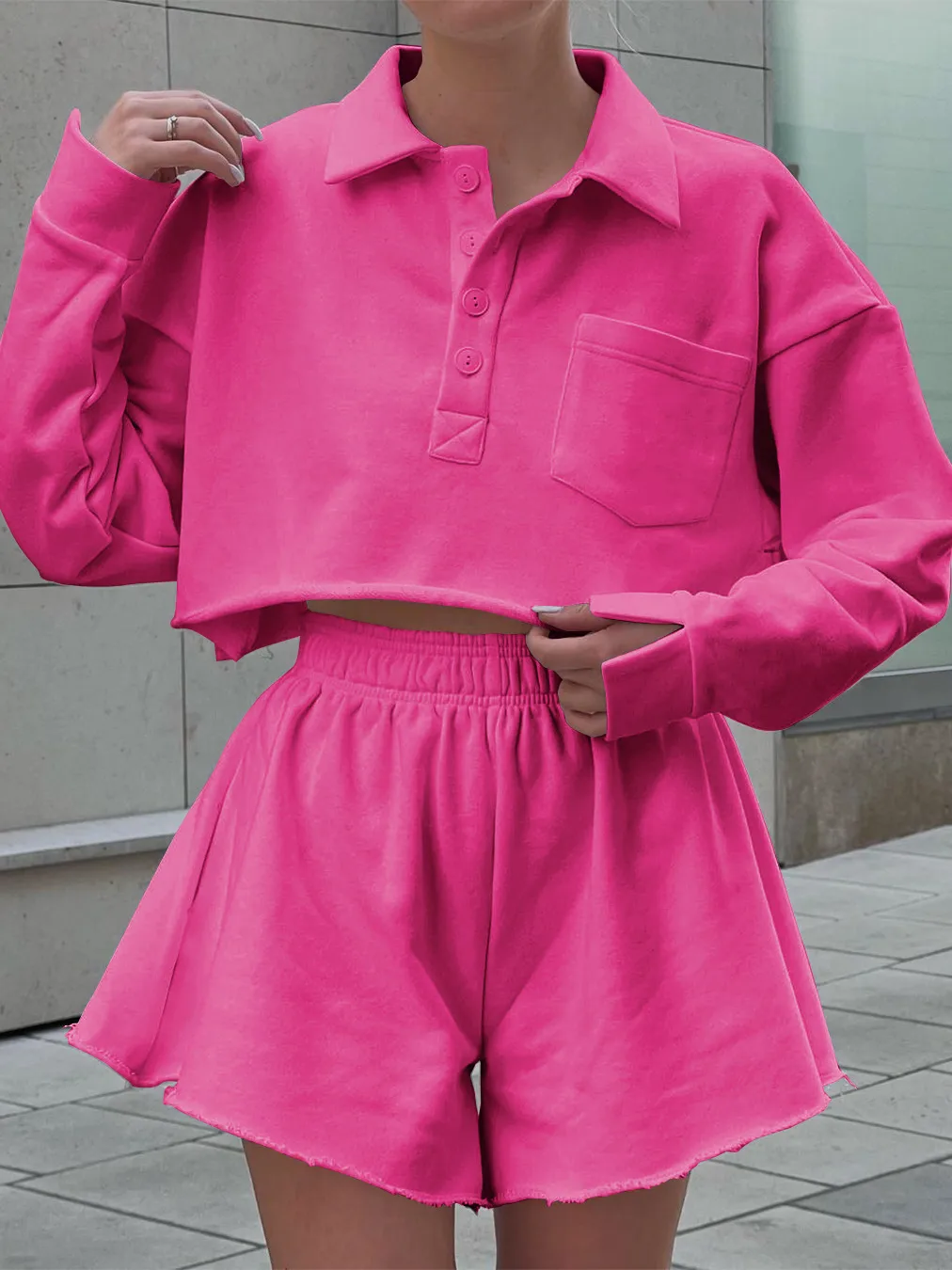 New  POLO Collar Button Pocket Casual Top With Loose Waist Shorts Suit Two-piece Set For Women display picture 12