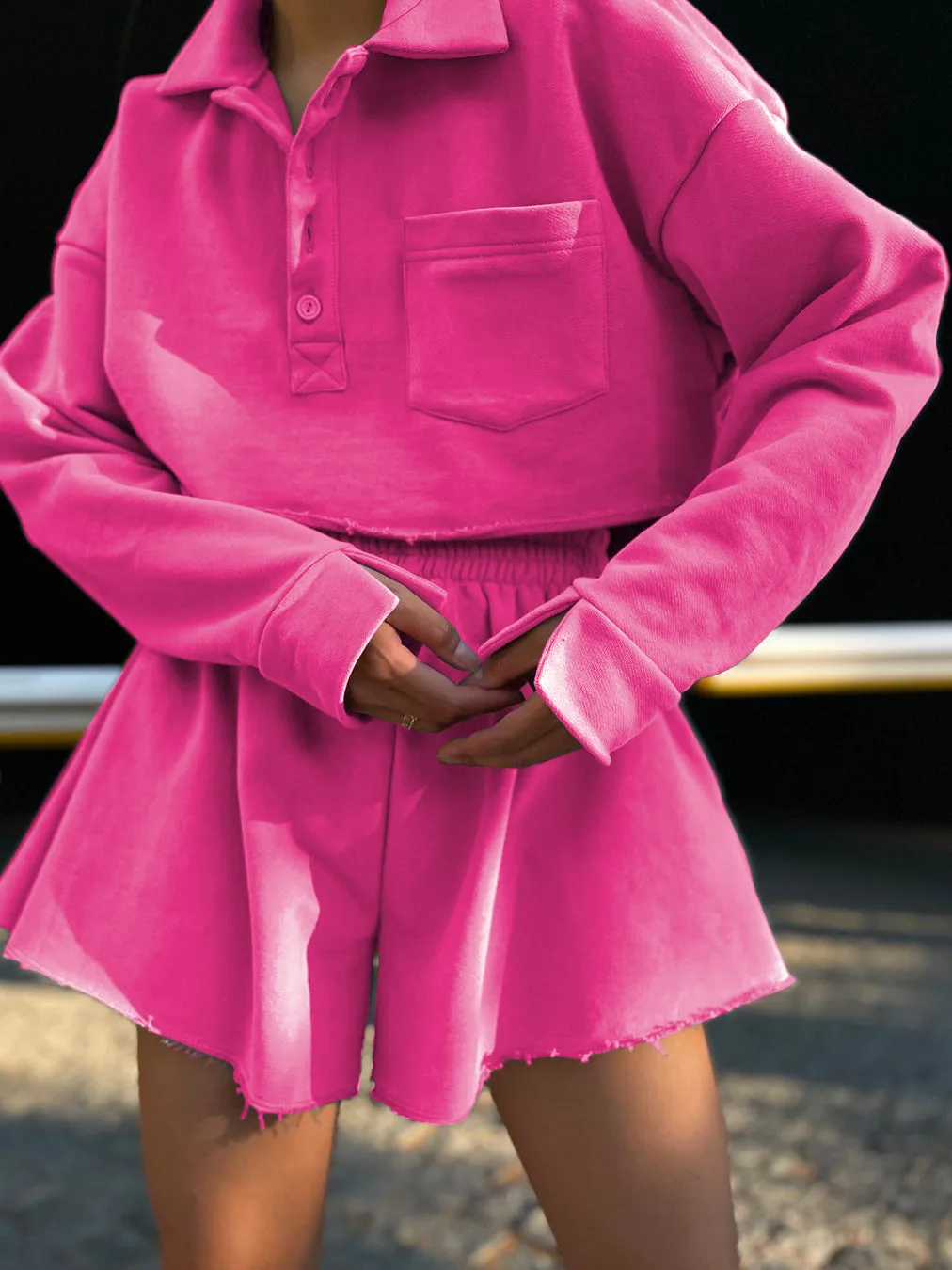 New  POLO Collar Button Pocket Casual Top With Loose Waist Shorts Suit Two-piece Set For Women display picture 13