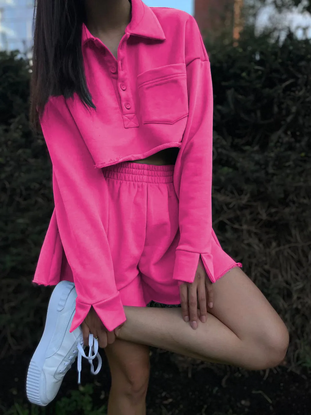 New  POLO Collar Button Pocket Casual Top With Loose Waist Shorts Suit Two-piece Set For Women display picture 16