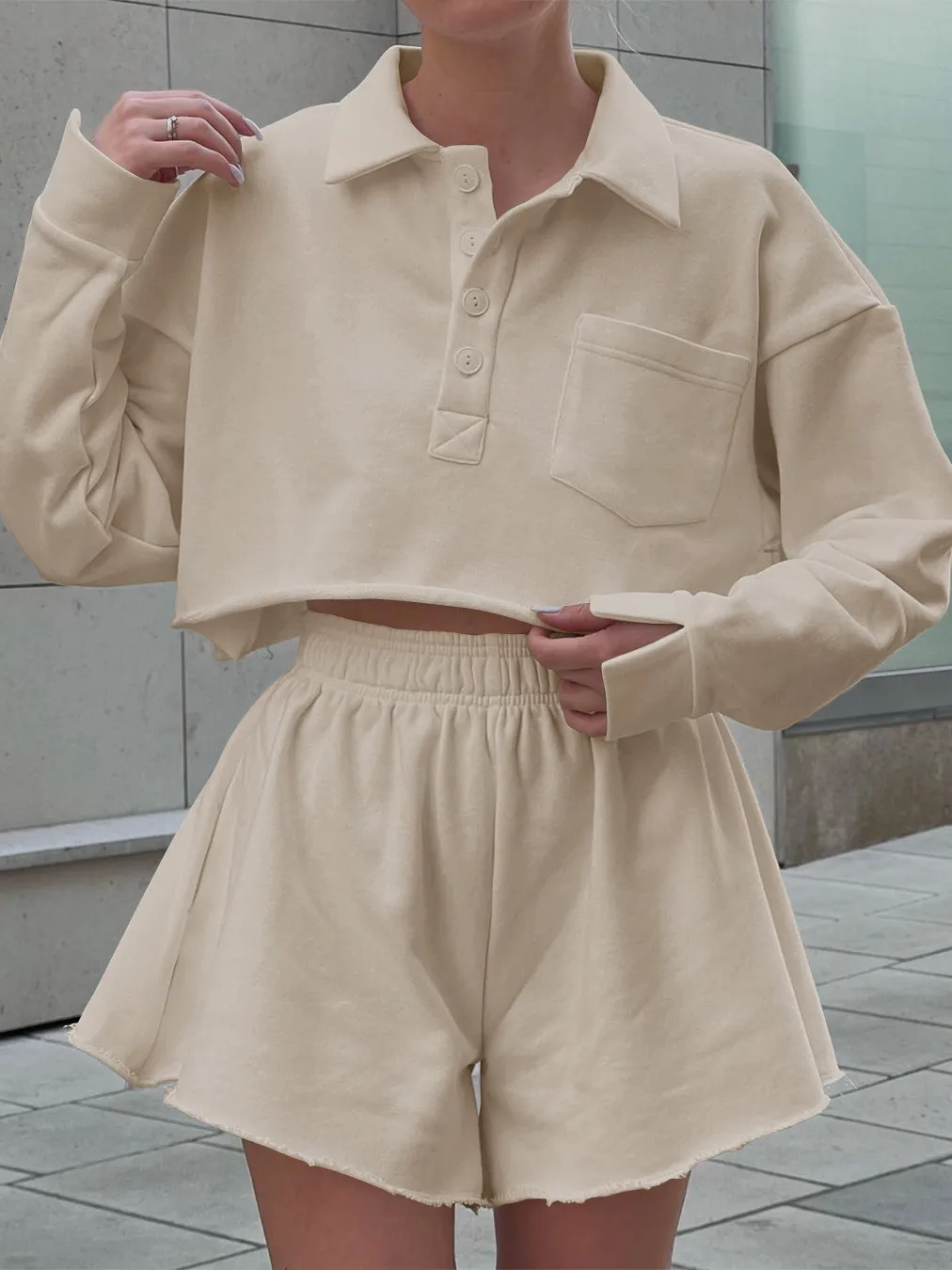 New  POLO Collar Button Pocket Casual Top With Loose Waist Shorts Suit Two-piece Set For Women display picture 17