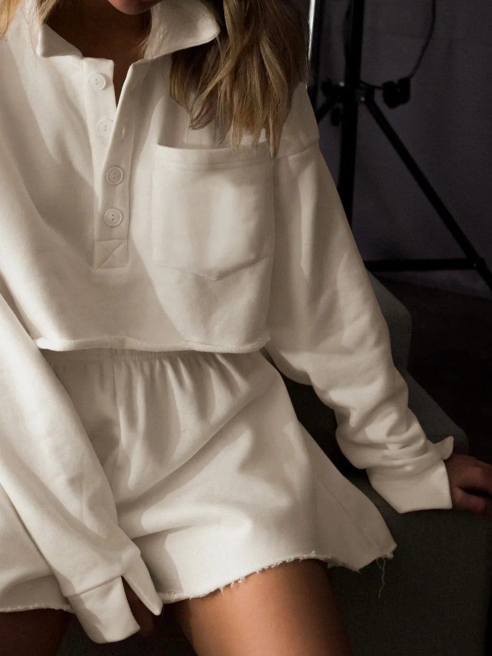 New  POLO Collar Button Pocket Casual Top With Loose Waist Shorts Suit Two-piece Set For Women display picture 20
