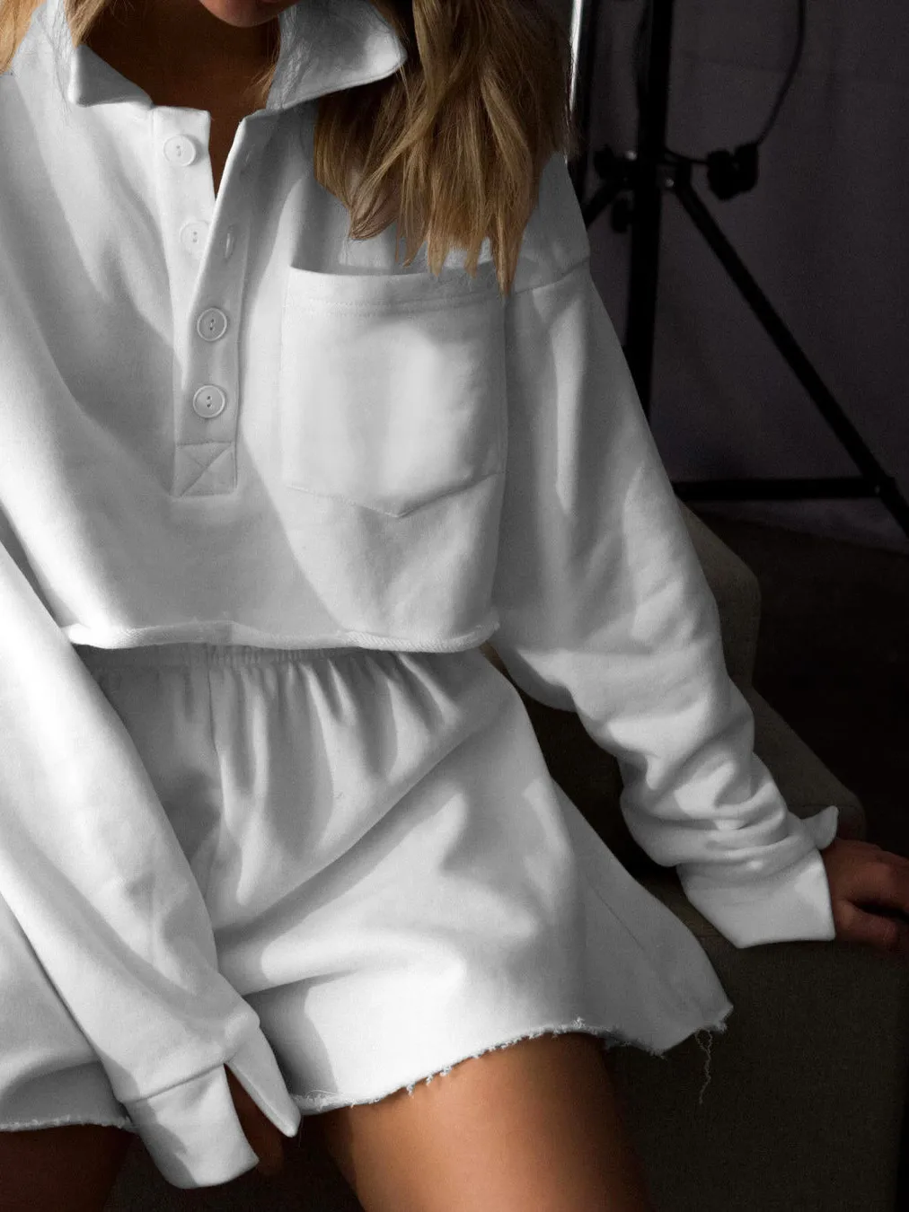 New  POLO Collar Button Pocket Casual Top With Loose Waist Shorts Suit Two-piece Set For Women display picture 22