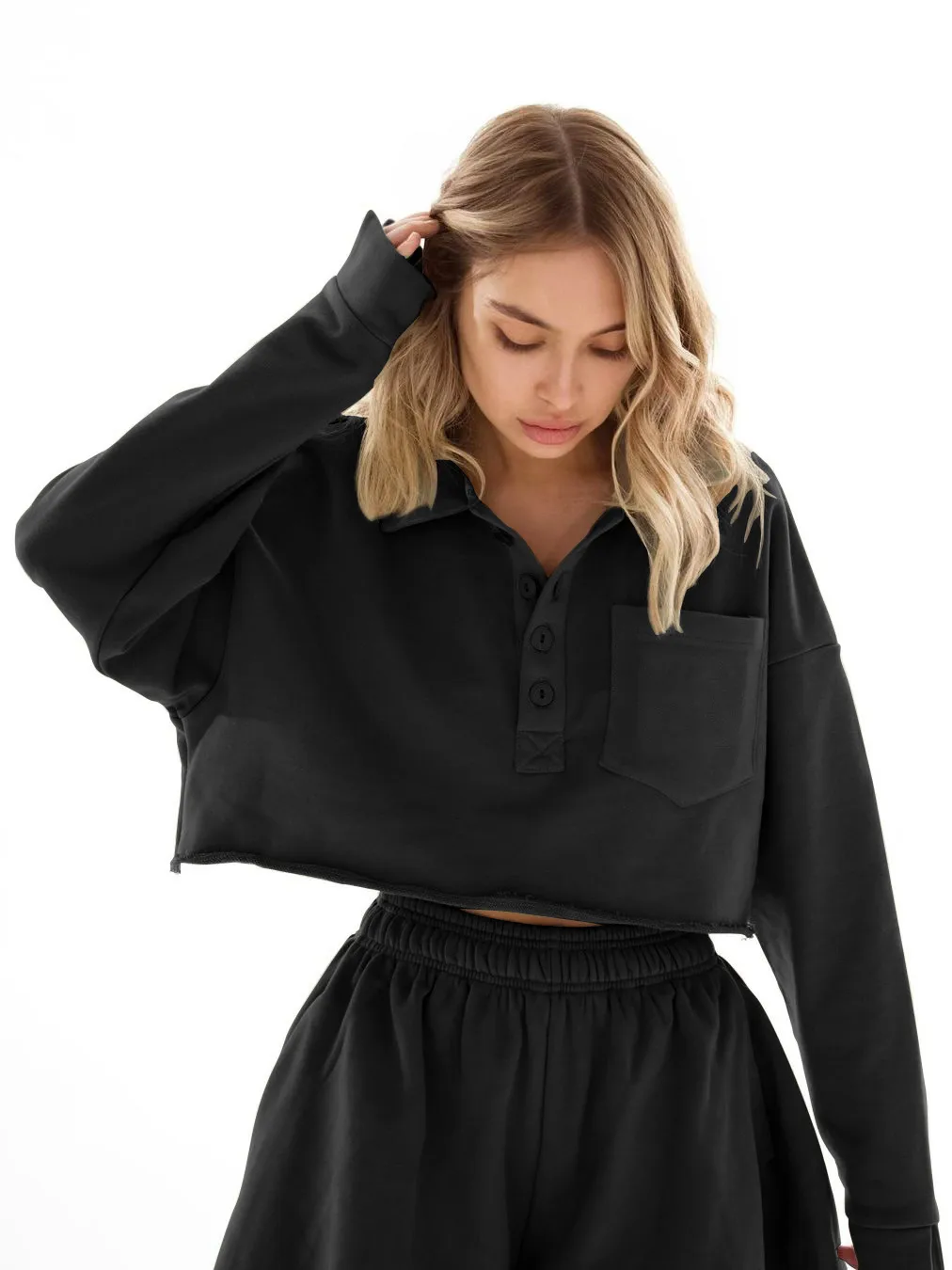 New  POLO Collar Button Pocket Casual Top With Loose Waist Shorts Suit Two-piece Set For Women display picture 27