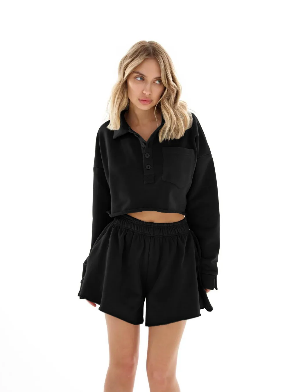 New  POLO Collar Button Pocket Casual Top With Loose Waist Shorts Suit Two-piece Set For Women display picture 29