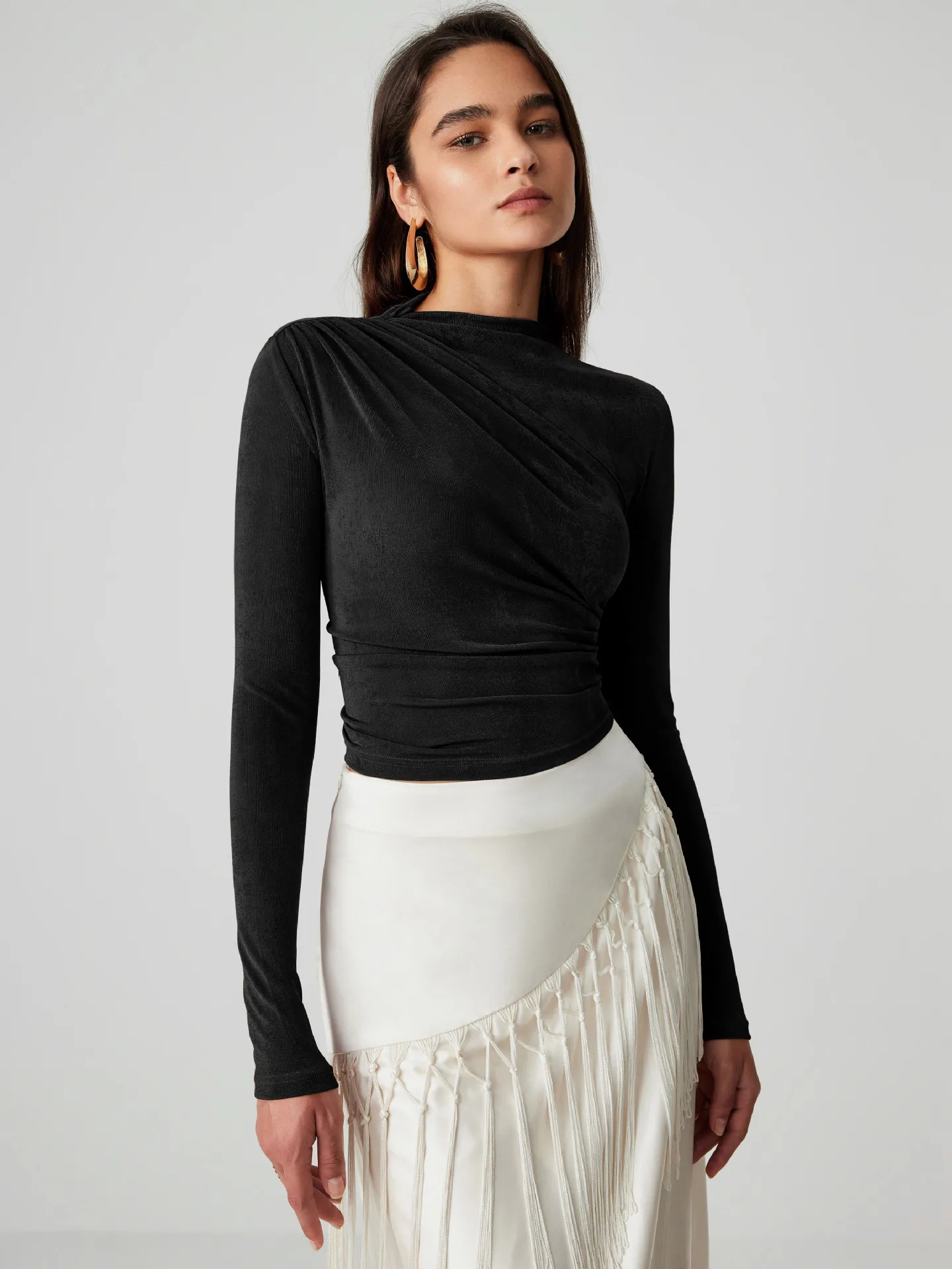 Foreign Trade Wholesale Semi-high Collar Long Sleeve Slim Suede Pleated Solid Color Interior Temperament Commuter Joker T-shirt Women display picture 22