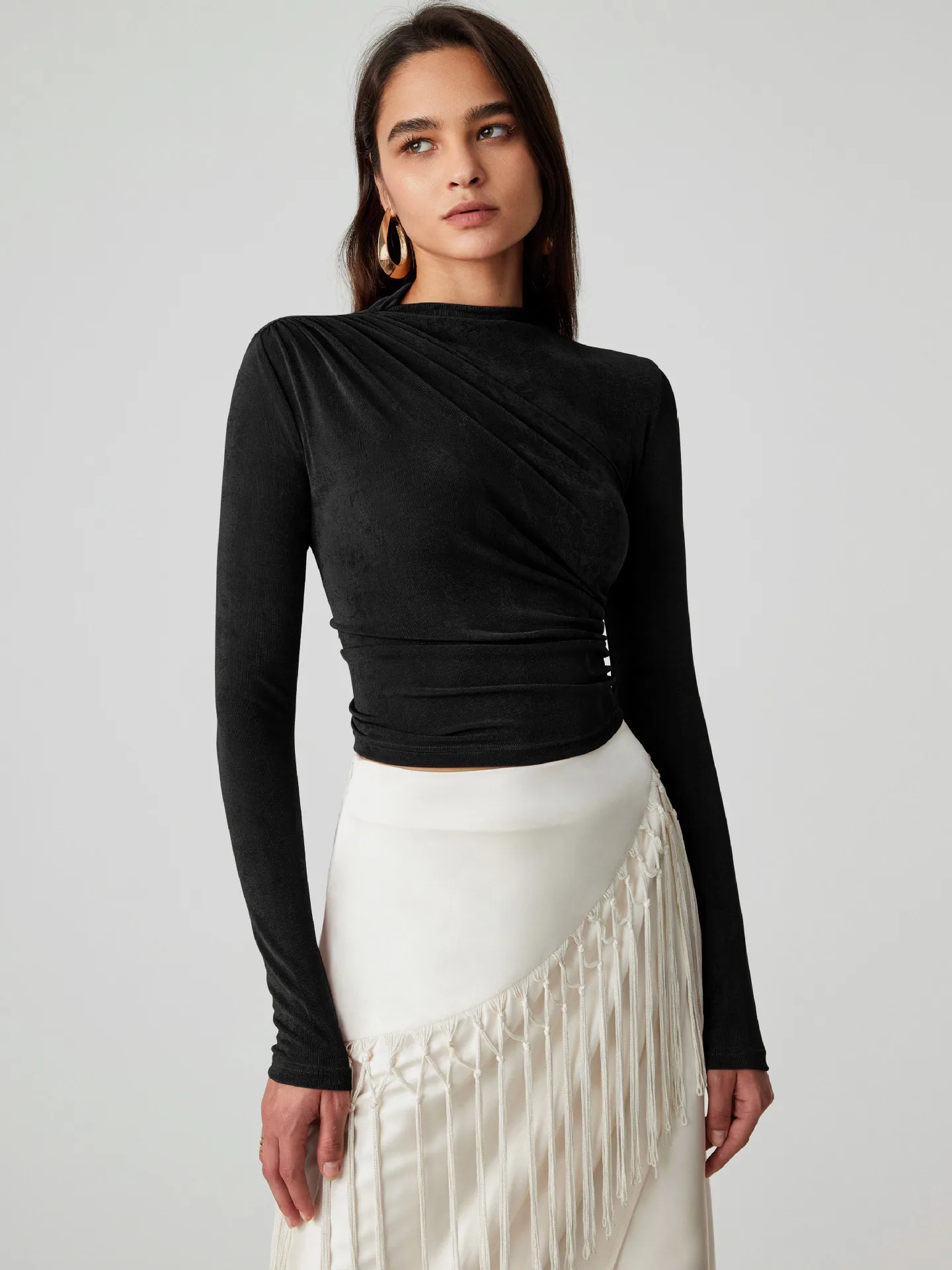 Foreign Trade Wholesale Semi-high Collar Long Sleeve Slim Suede Pleated Solid Color Interior Temperament Commuter Joker T-shirt Women display picture 21