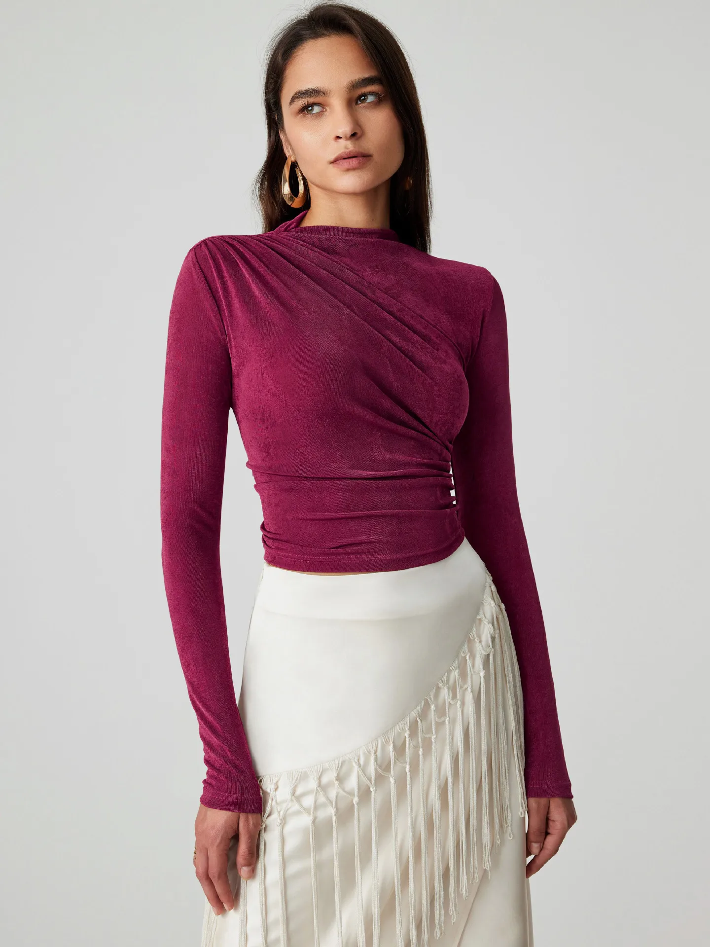 Foreign Trade Wholesale Semi-high Collar Long Sleeve Slim Suede Pleated Solid Color Interior Temperament Commuter Joker T-shirt Women display picture 18