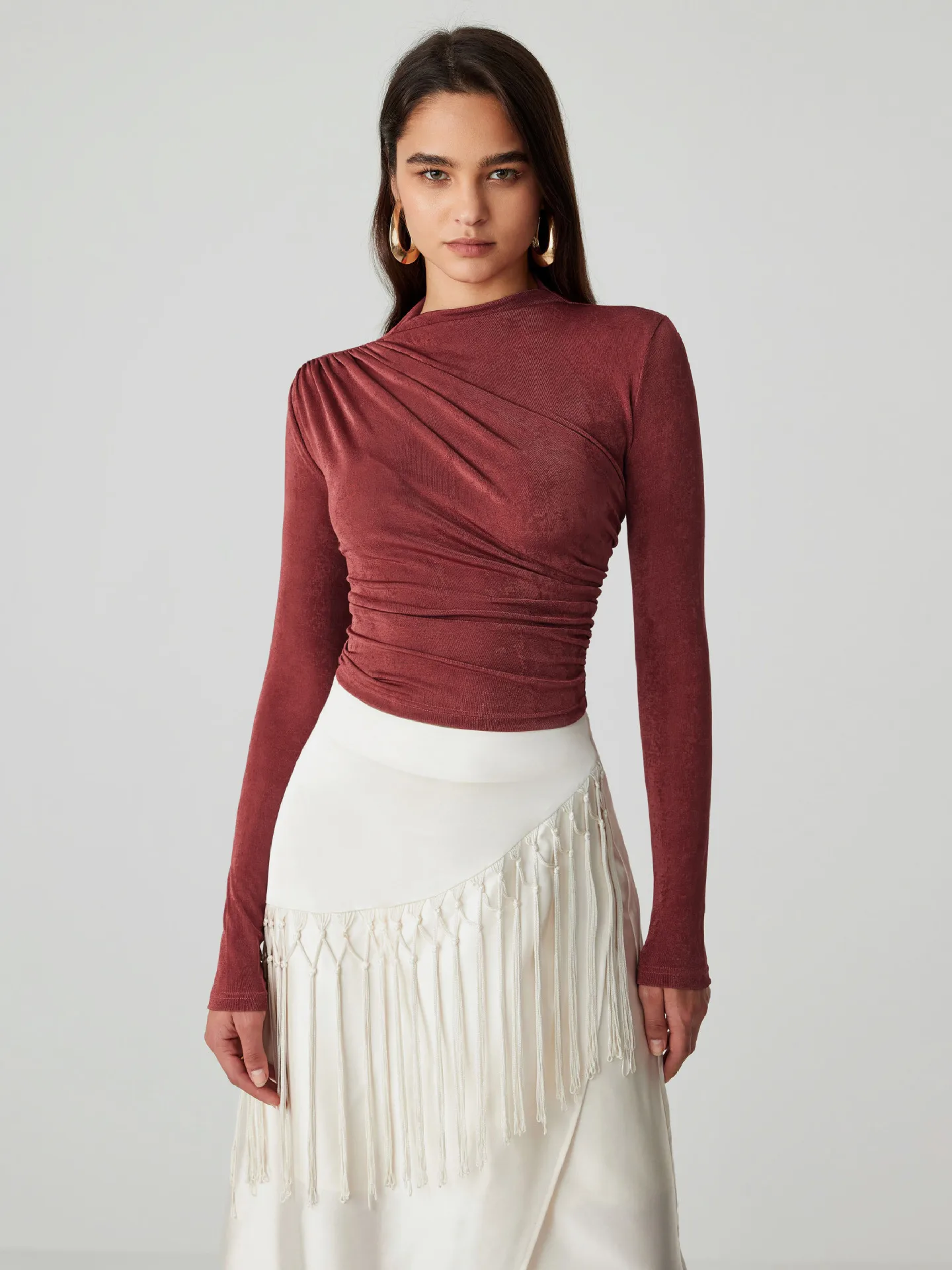 Foreign Trade Wholesale Semi-high Collar Long Sleeve Slim Suede Pleated Solid Color Interior Temperament Commuter Joker T-shirt Women display picture 7