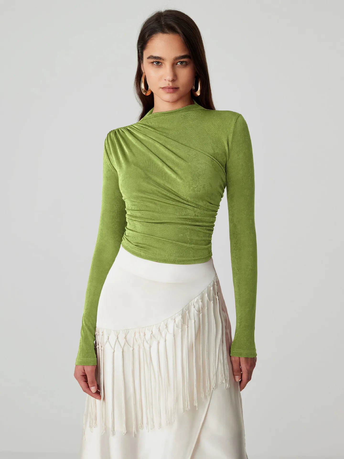 Foreign Trade Wholesale Semi-high Collar Long Sleeve Slim Suede Pleated Solid Color Interior Temperament Commuter Joker T-shirt Women display picture 4