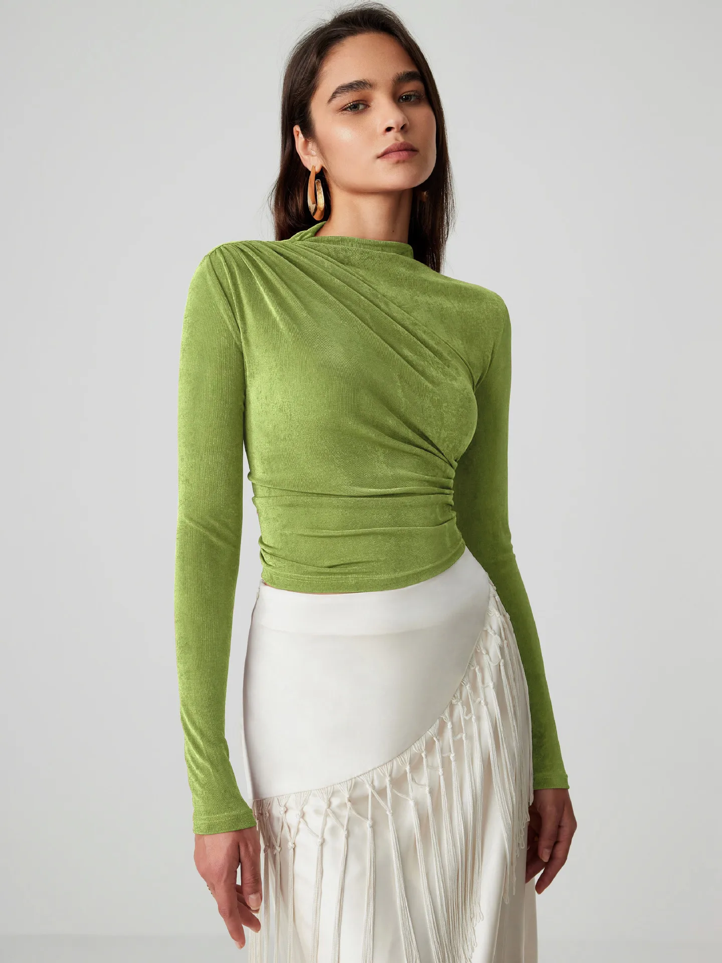 Foreign Trade Wholesale Semi-high Collar Long Sleeve Slim Suede Pleated Solid Color Interior Temperament Commuter Joker T-shirt Women display picture 3