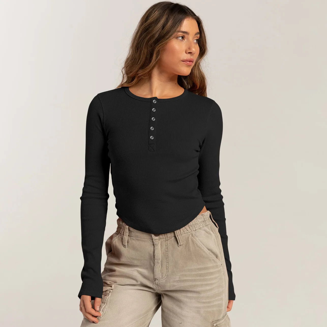 Foreign Trade Explosions Long-sleeved Slim-fit Slim Threaded Top Button Solid Color Simple Basic High Quality Women's Clothing display picture 12
