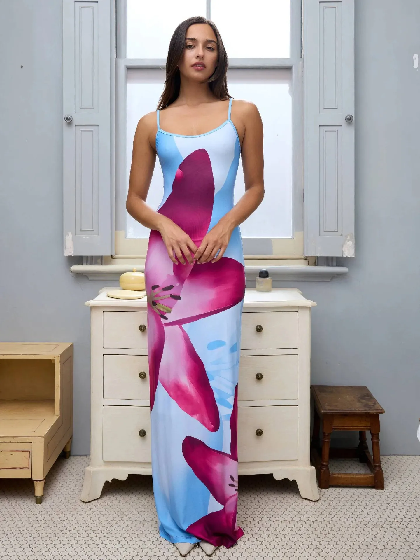 Explosions Digital Printing Summer Women's High-end Sense Adjustable Buckle Slip Skirt French Dress Holiday display picture 5