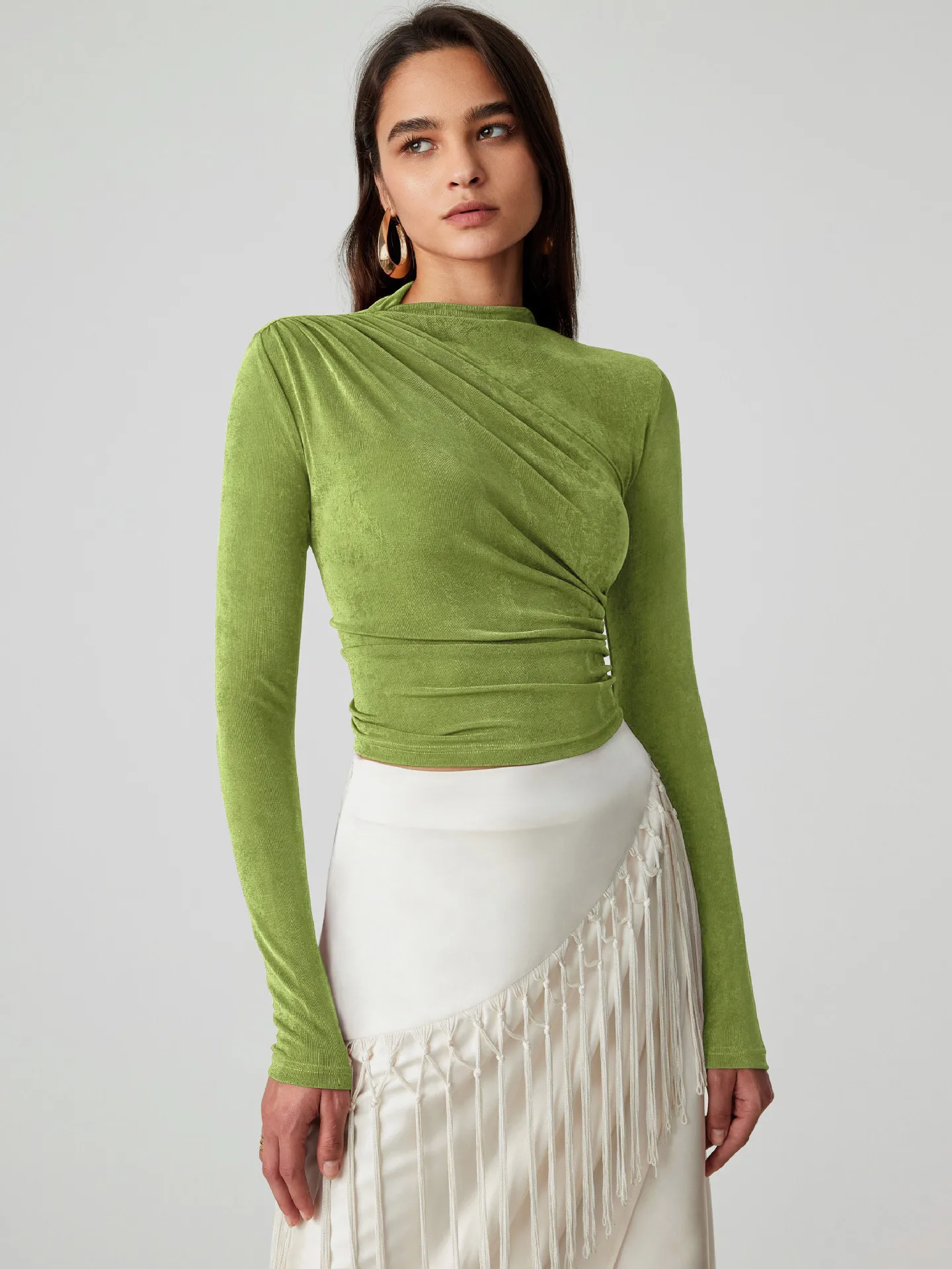 Foreign Trade Wholesale Semi-high Collar Long Sleeve Slim Suede Pleated Solid Color Interior Temperament Commuter Joker T-shirt Women display picture 2